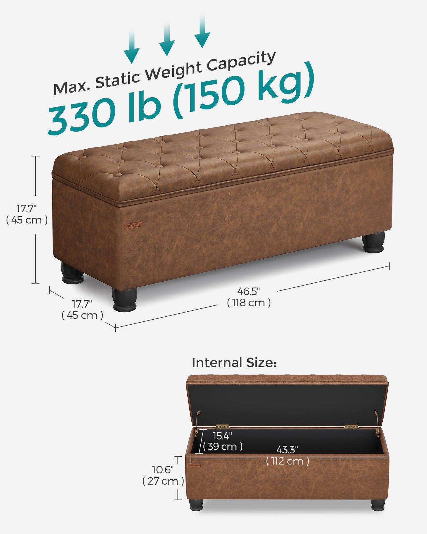 SONGMICS Storage Ottoman, 46.5 Inches Long Bed End Stool, Solid Wood Legs Buttons Decoration | ULOM071K01