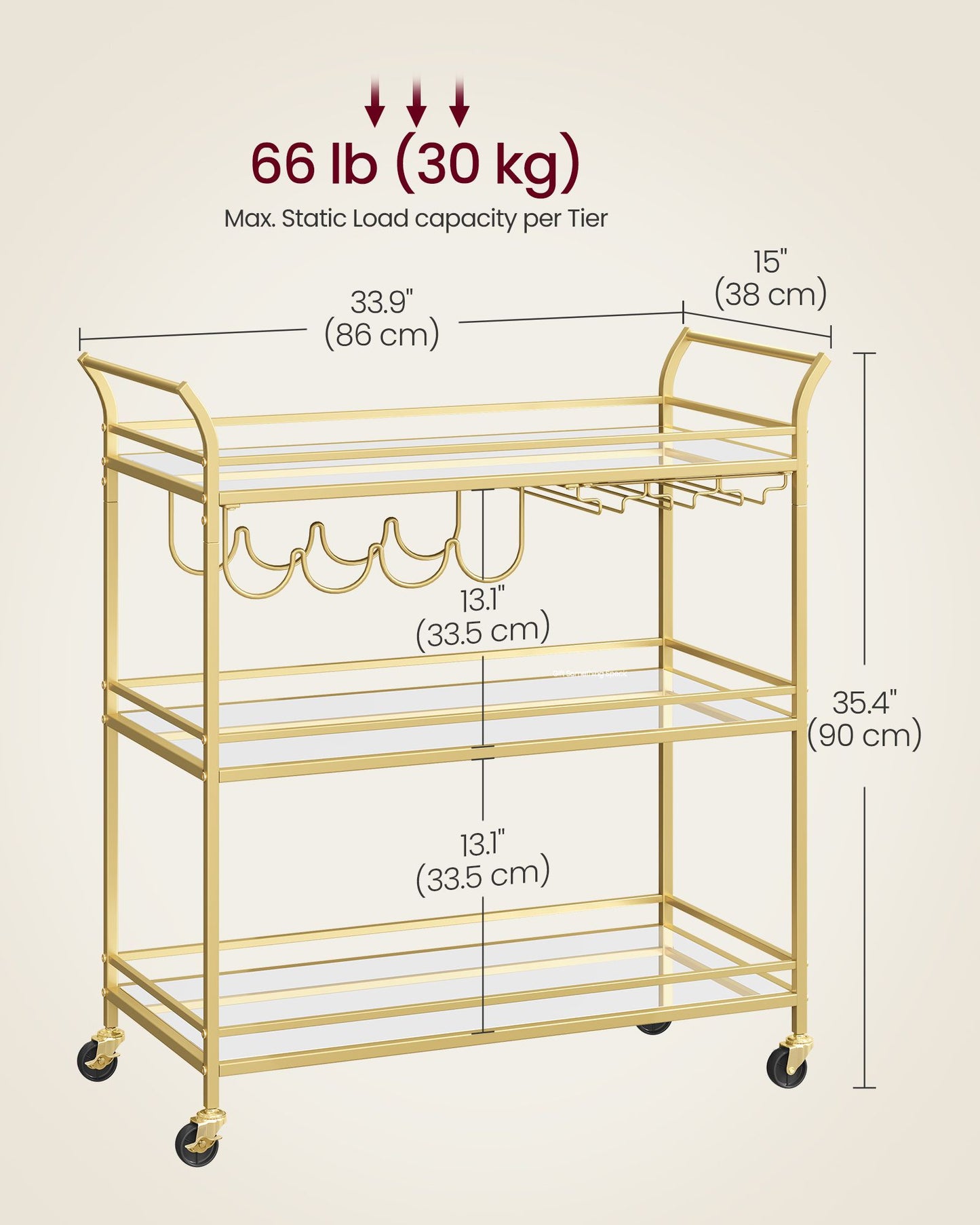VASAGLE Bar Cart Gold, Large Home Bar Serving Cart with 3-Tier Mirrored Shelf, Wine Holders