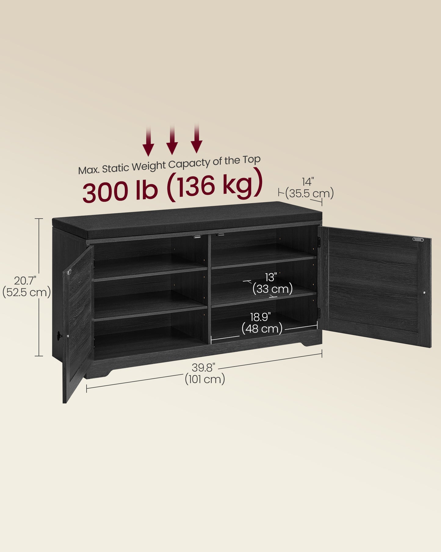 VASAGLE Shoe Storage Bench with Cushion, 3-Tier Entryway Bench with Padded Seat | ULSB044B01