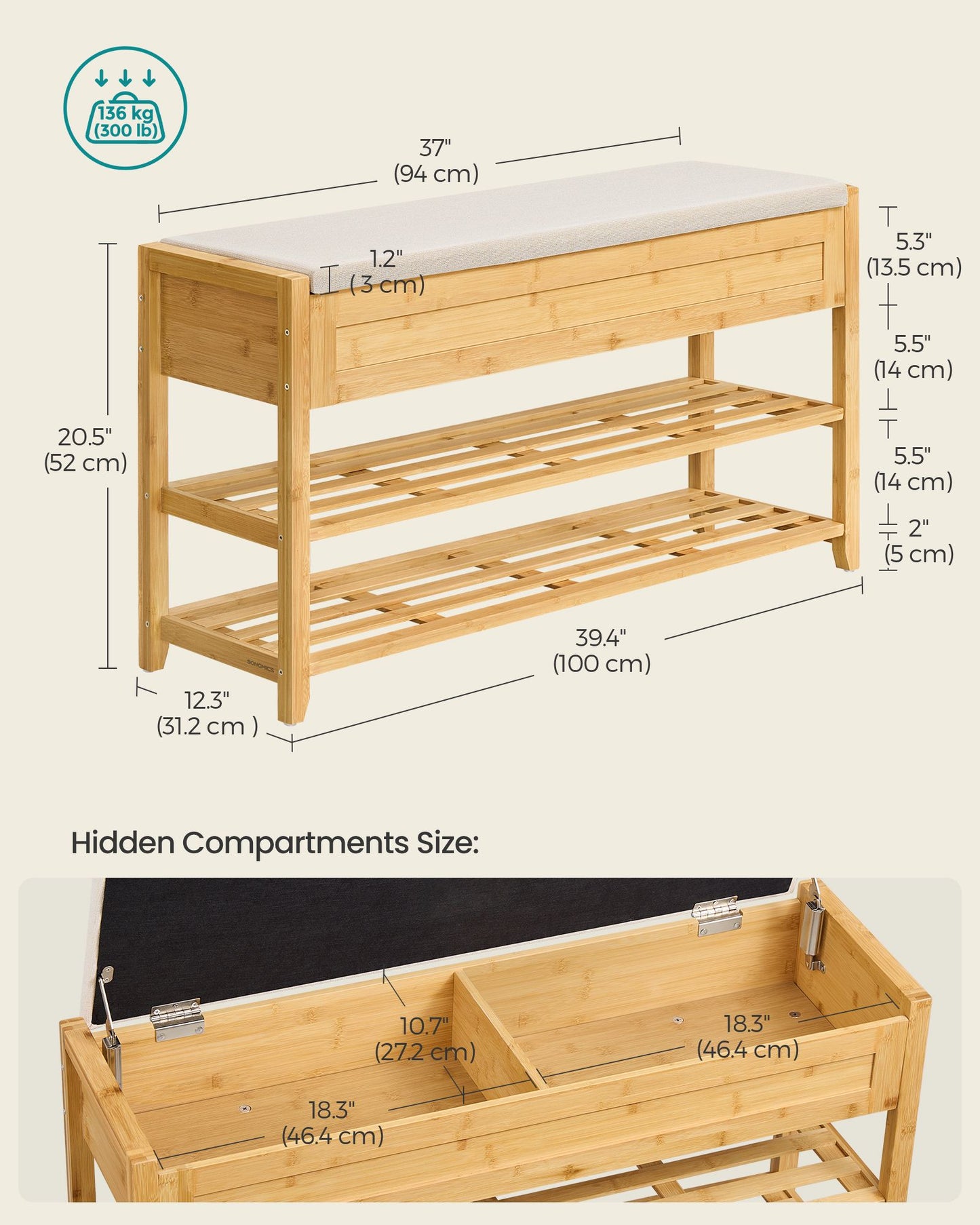 SONGMICS Storage Bench, Bamboo Shoe Rack, Entryway Furniture, 39.4 Inches Wide | ULSB059YL01
