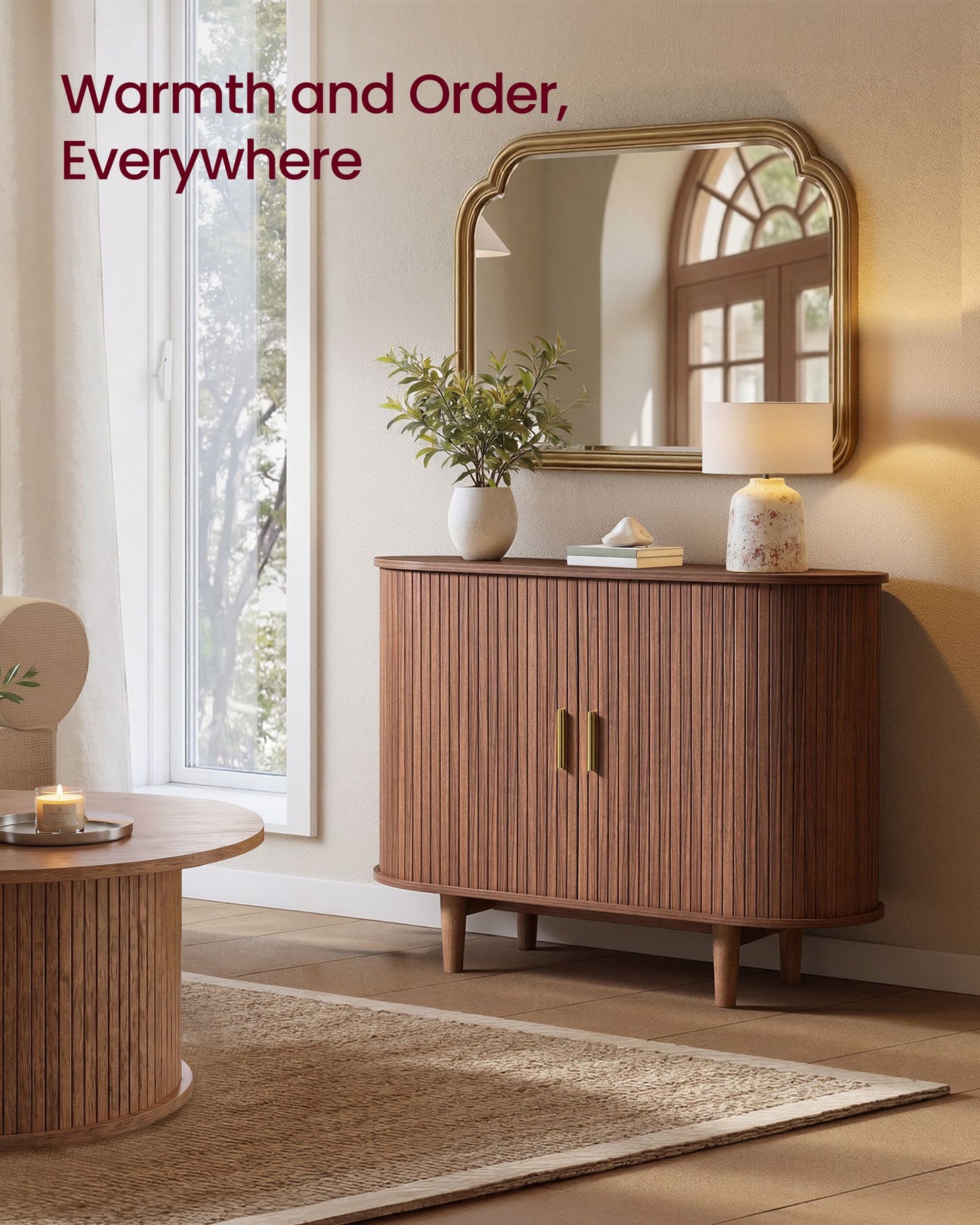 VASAGLE Mid Century Buffet Cabinet with Adjustable Shelves – Walnut