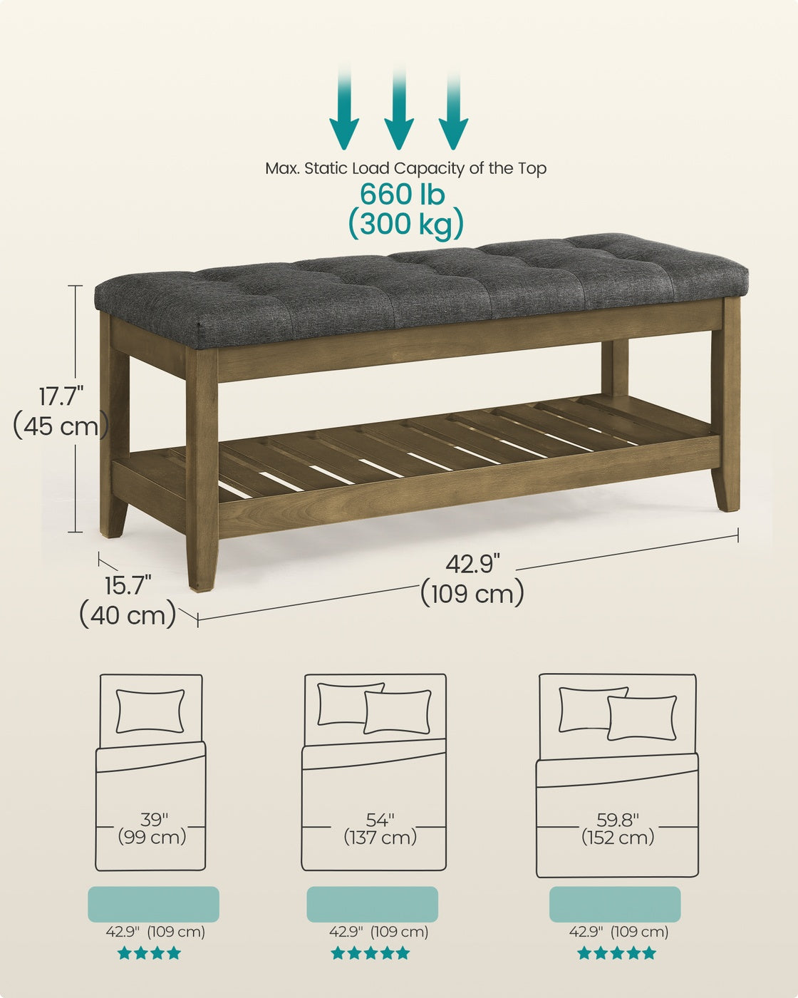 SONGMICS Storage Ottoman, Solid Wood Frame, 15.7 X 42.9 X 17.7 Inches, Slate Gray