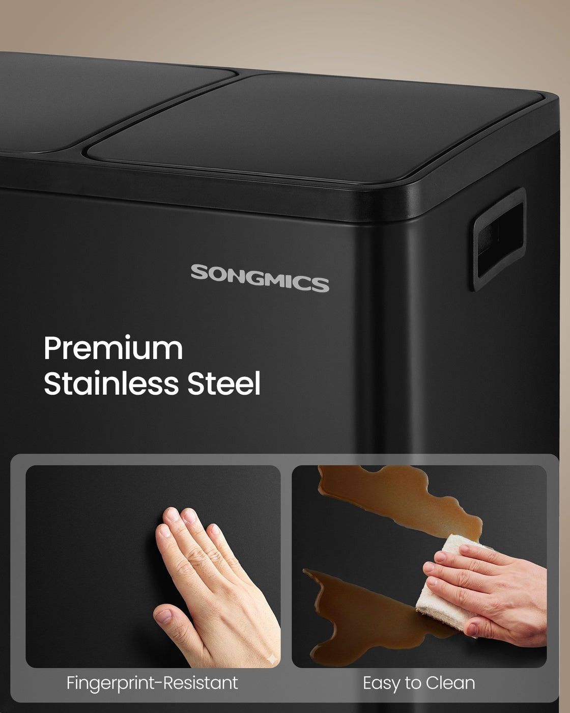 SONGMICS Double Compartment Stainless Steel Trash Can for Recycling – Black
