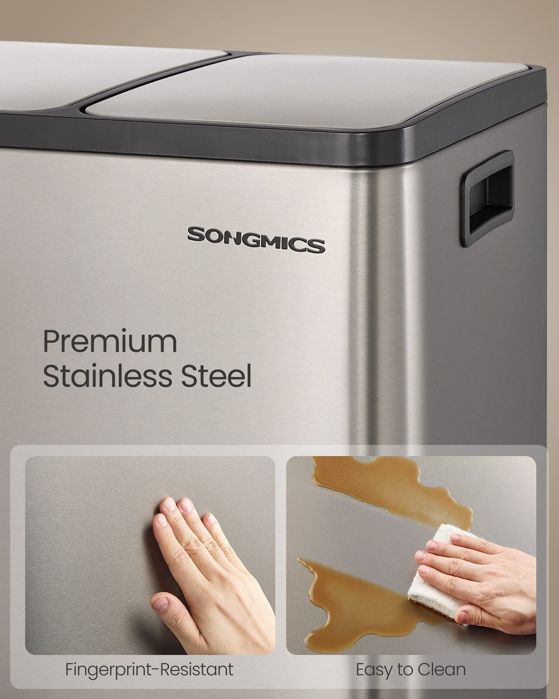 SONGMICS Double Compartment Stainless Steel Trash Can for Recycling – Silver