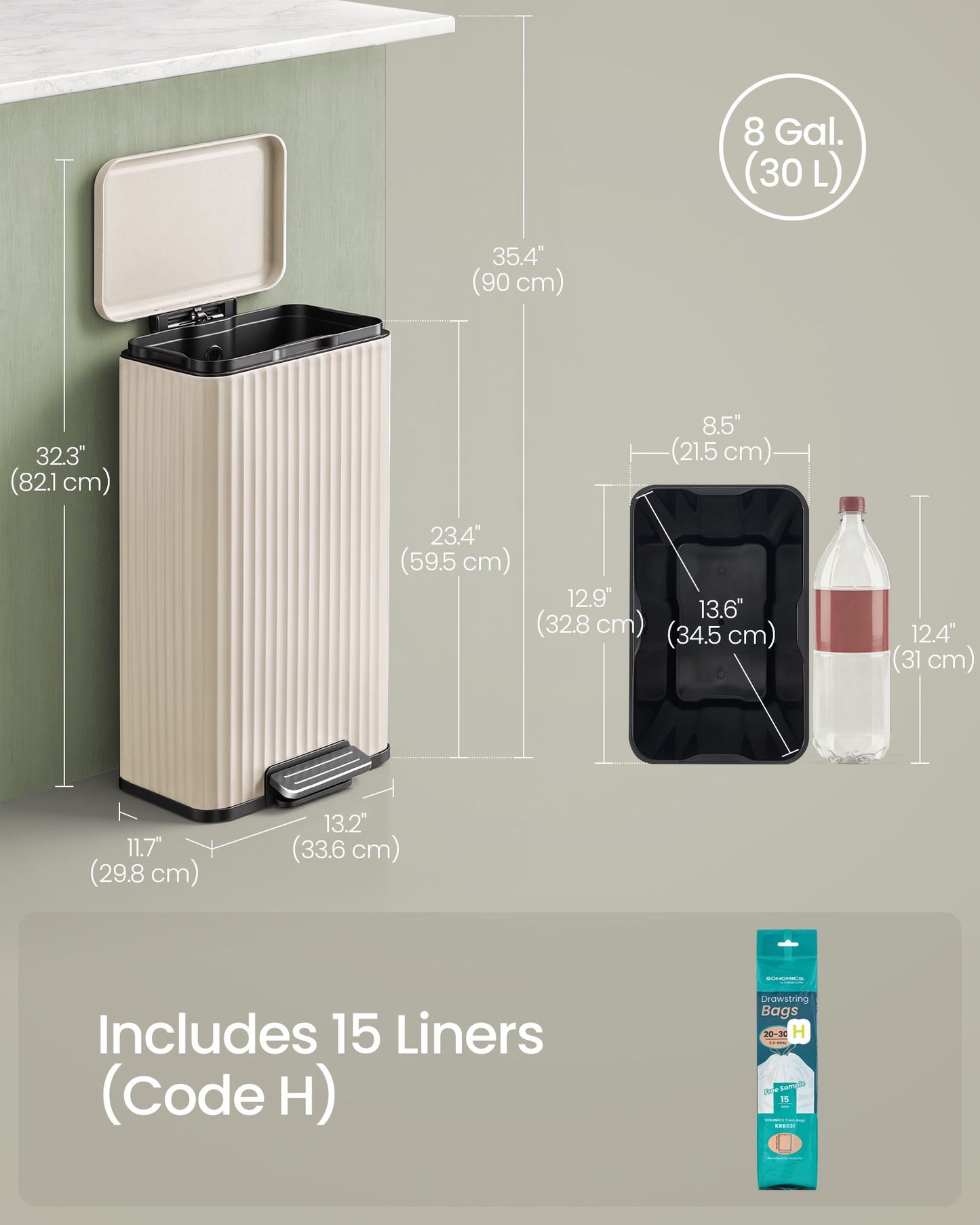 SONGMICS 30 L Cream White Stainless Steel Pedal Bin with Soft Close Lid – Beige