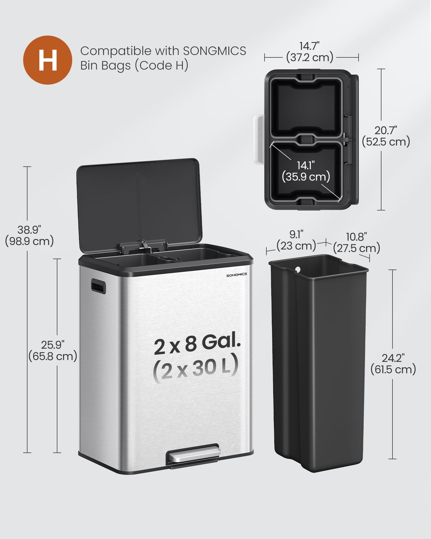 SONGMICS Kitchen Bin, 2 X 8 Gal. (2 X 30 L) Double Rubbish Bin for Recycling and Waste