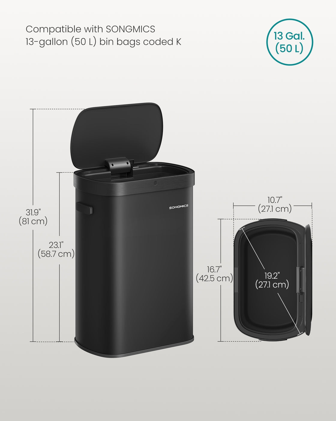 SONGMICS 13-Gallon Motion Sensor Trash Can, Soft Close, Dual Open, Stainless Steel, Ink Black