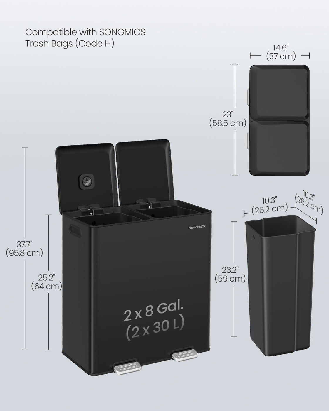 SONGMICS 2 X 30 L Double Garbage Can with Soft-Close Lids and Removable Inner Buckets Ink Black