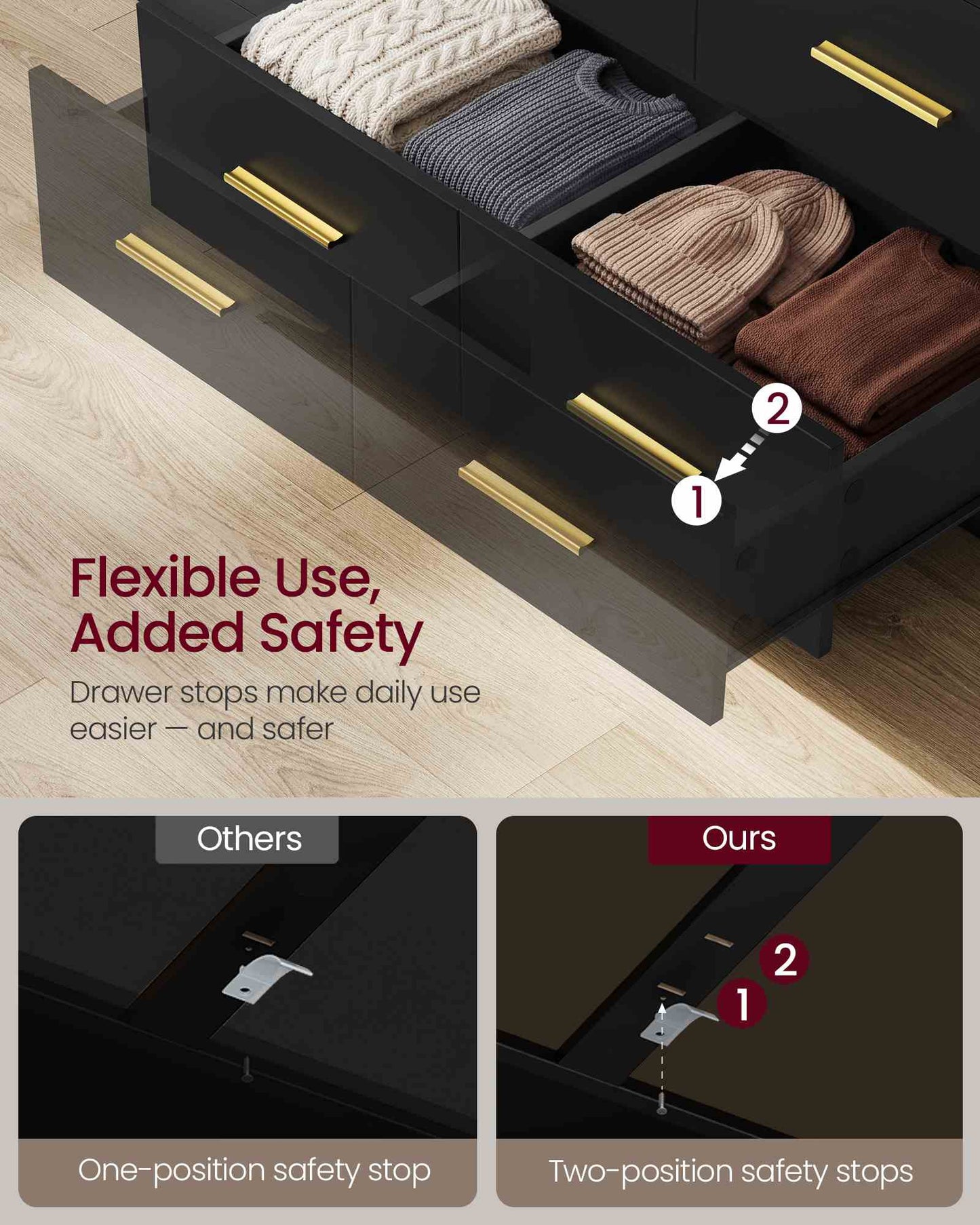 SONGMICS Dresser for Bedroom, LED Lights, Power Strip, 12 Drawers, Ink Black, 15.8 X 63 X 32 in