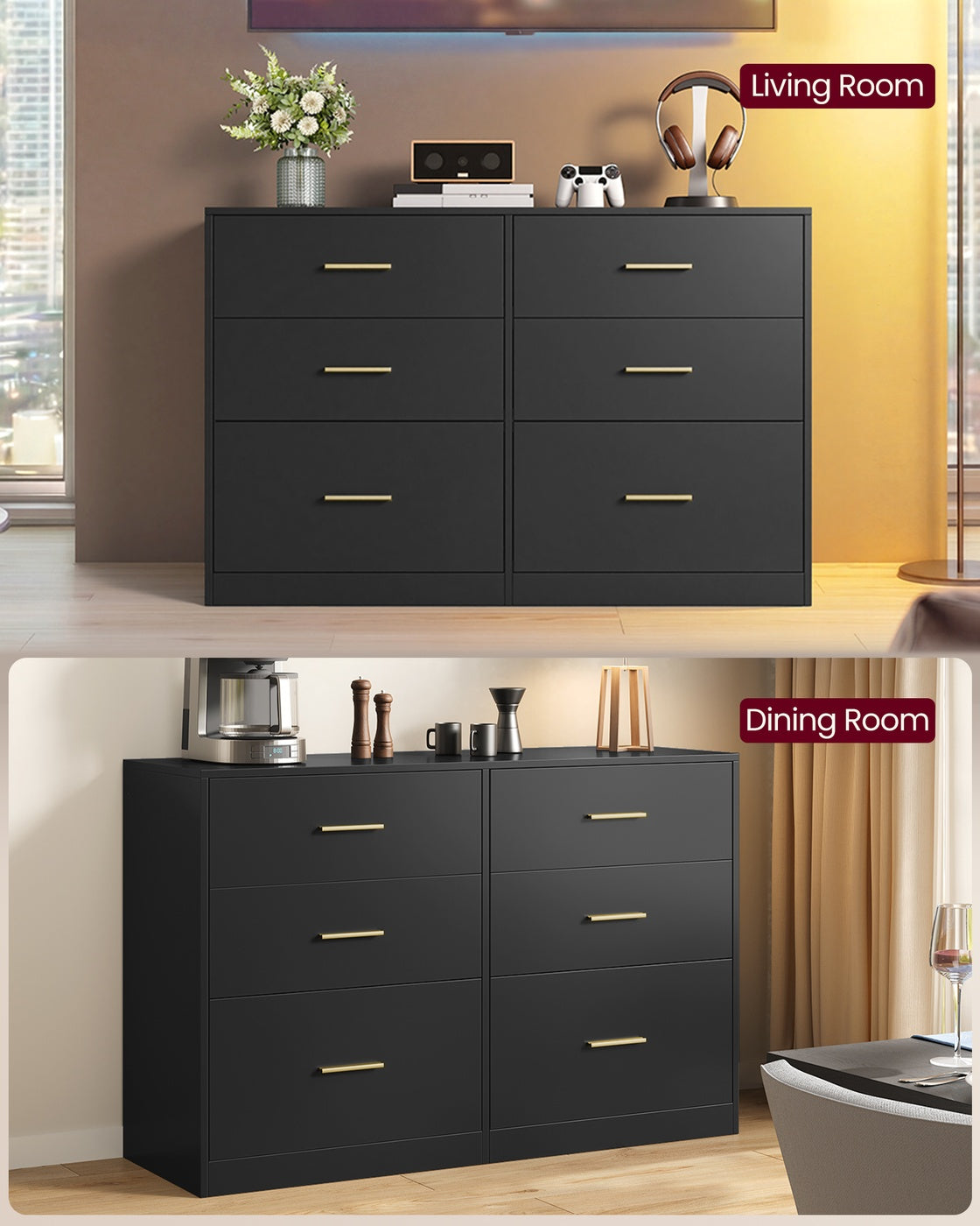 VASAGLE Custos Dresser, 6-Drawer Chest, 15.8 X 46.9 X 30.7 Inches, Ink Black – Cloud White