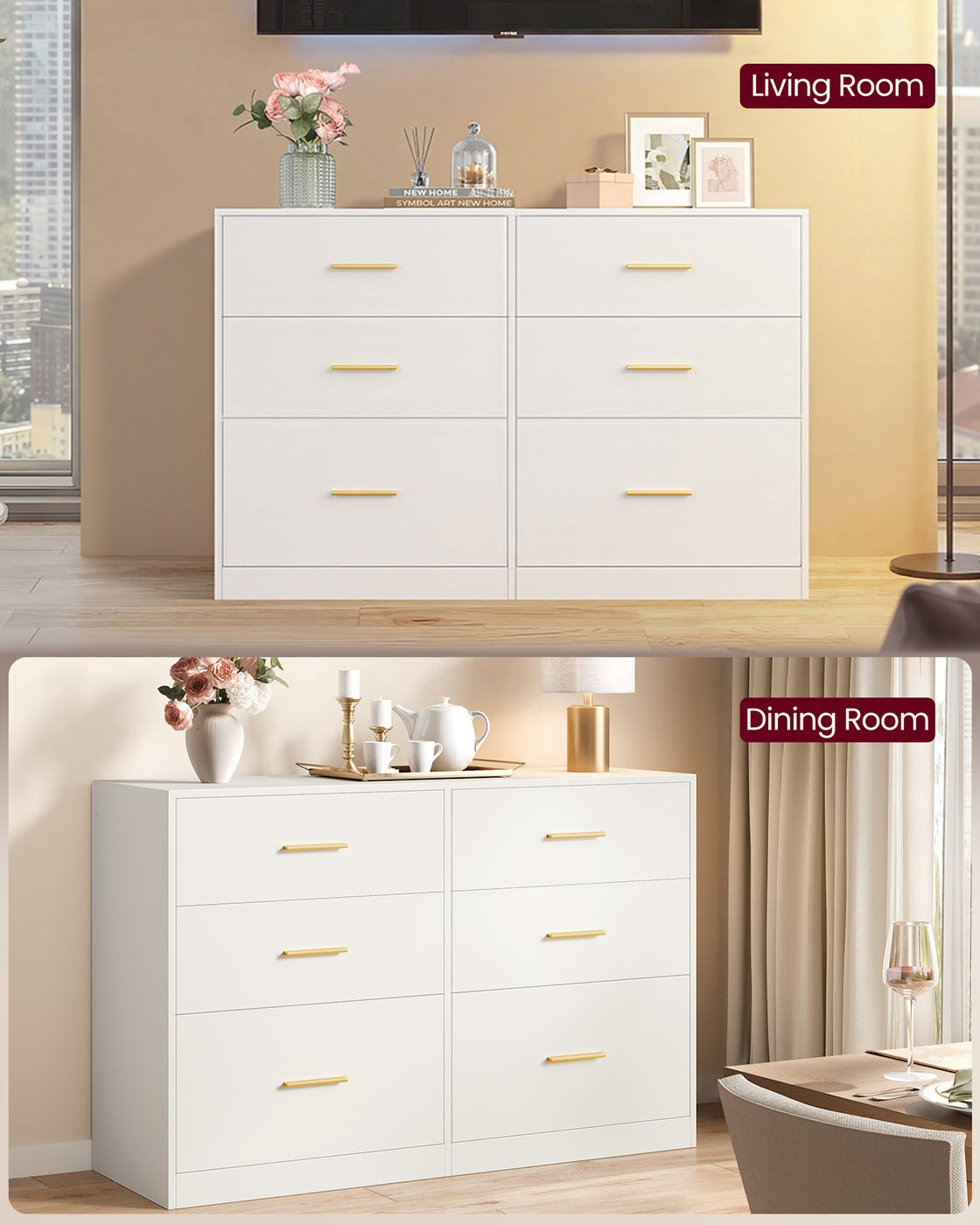 VASAGLE Custos Dresser, 6-Drawer Chest, 15.8 X 46.9 X 30.7 Inches, Cloud White