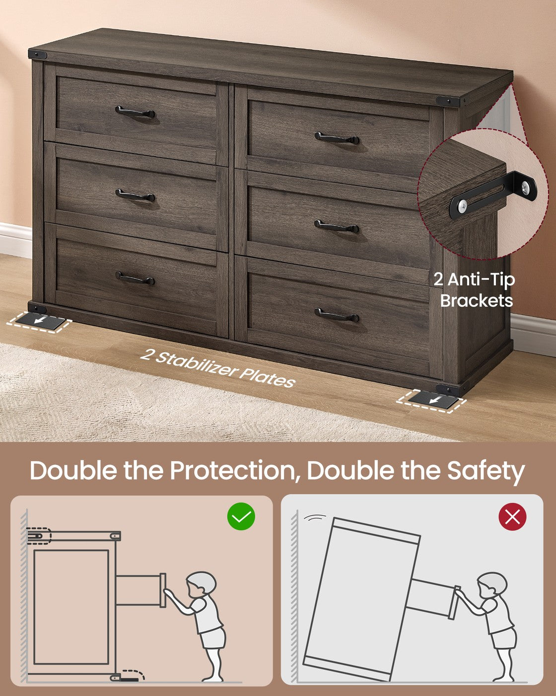 VASAGLE Liry 6-Drawer Dresser – Taupe Brown