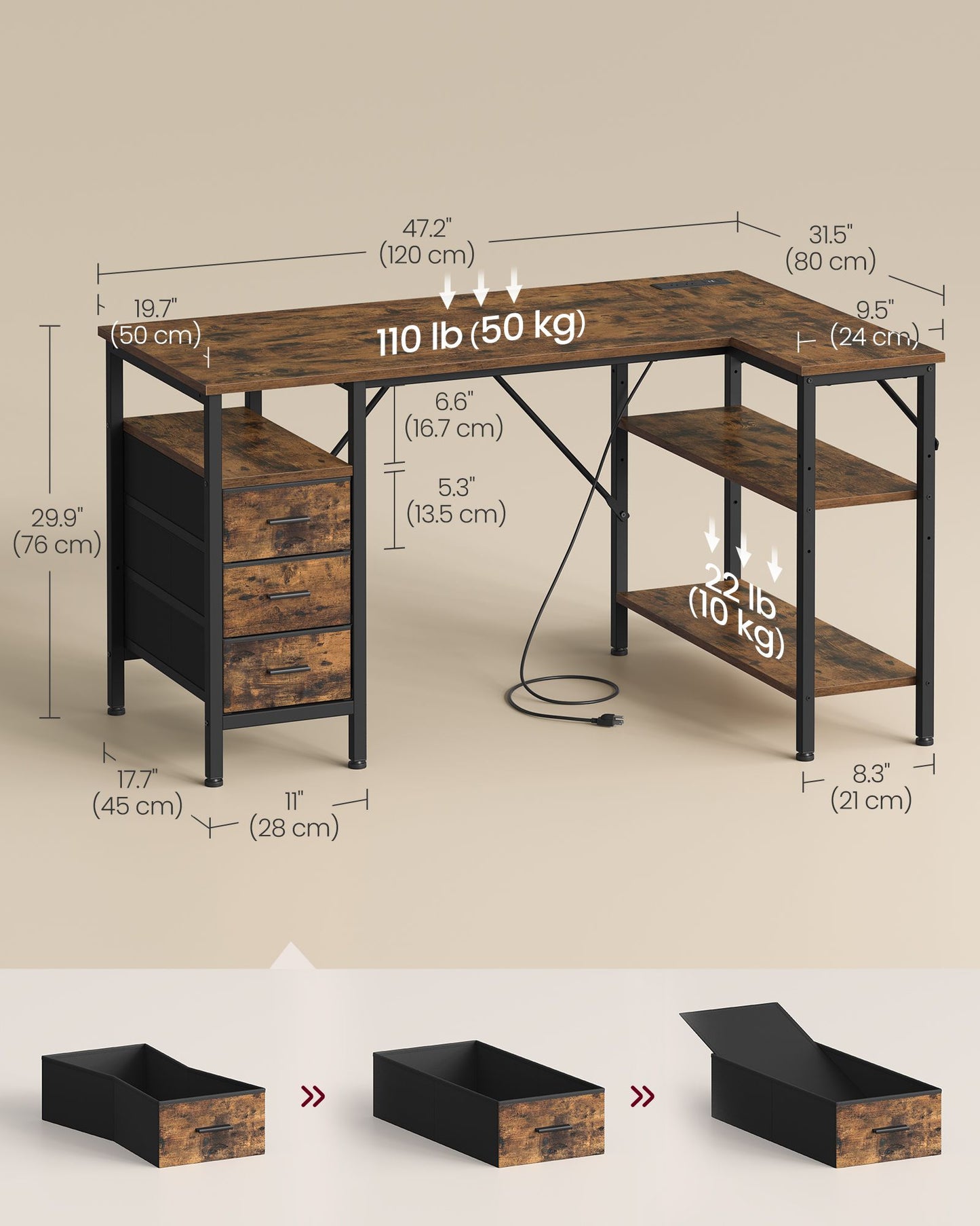 VASAGLE L Shaped Computer Desk with Drawers – Rustic Brown and Matte Black – 47.2 x 31.5 x 29.9 inch