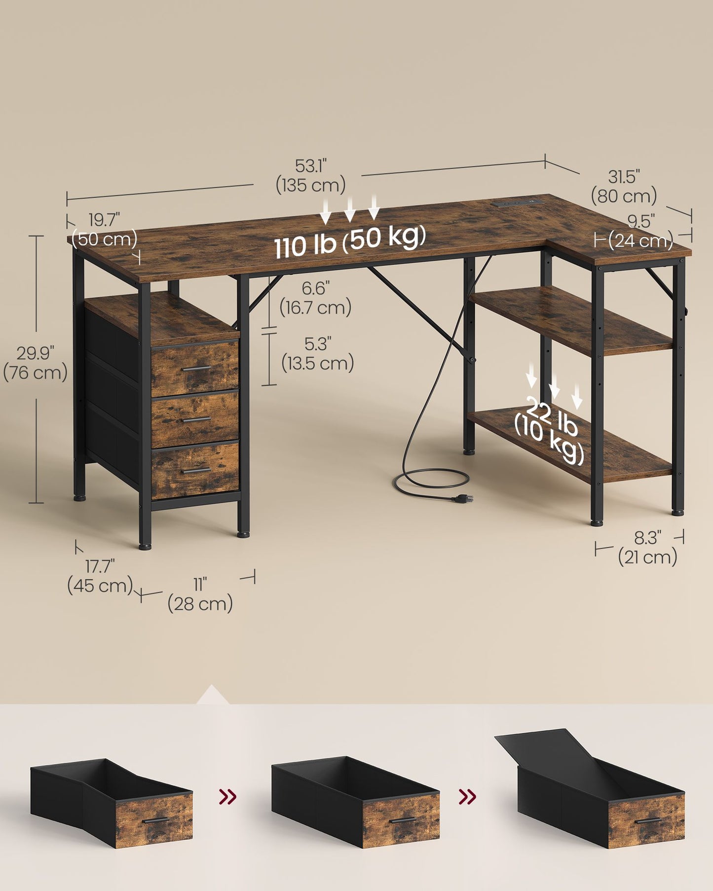 VASAGLE L Shaped Computer Desk with Drawers – Rustic Brown and Matte Black – 53.1 x 31.5 x 29.9 inch