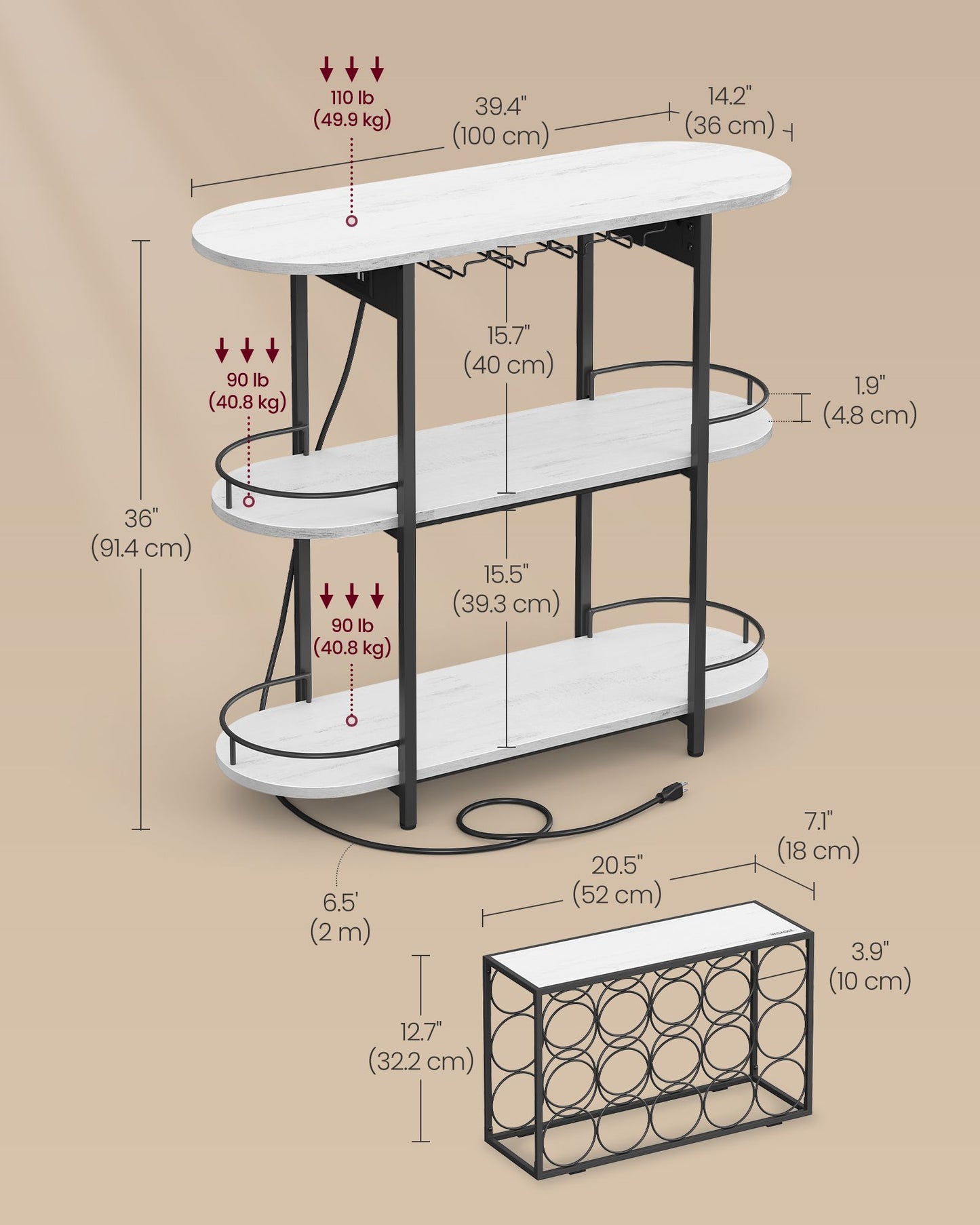 VASAGLE Bar Cabinet with LED Lights and Power Outlets, Freestanding Coffee Bar Wine Cabinet | ULWR007W01S
