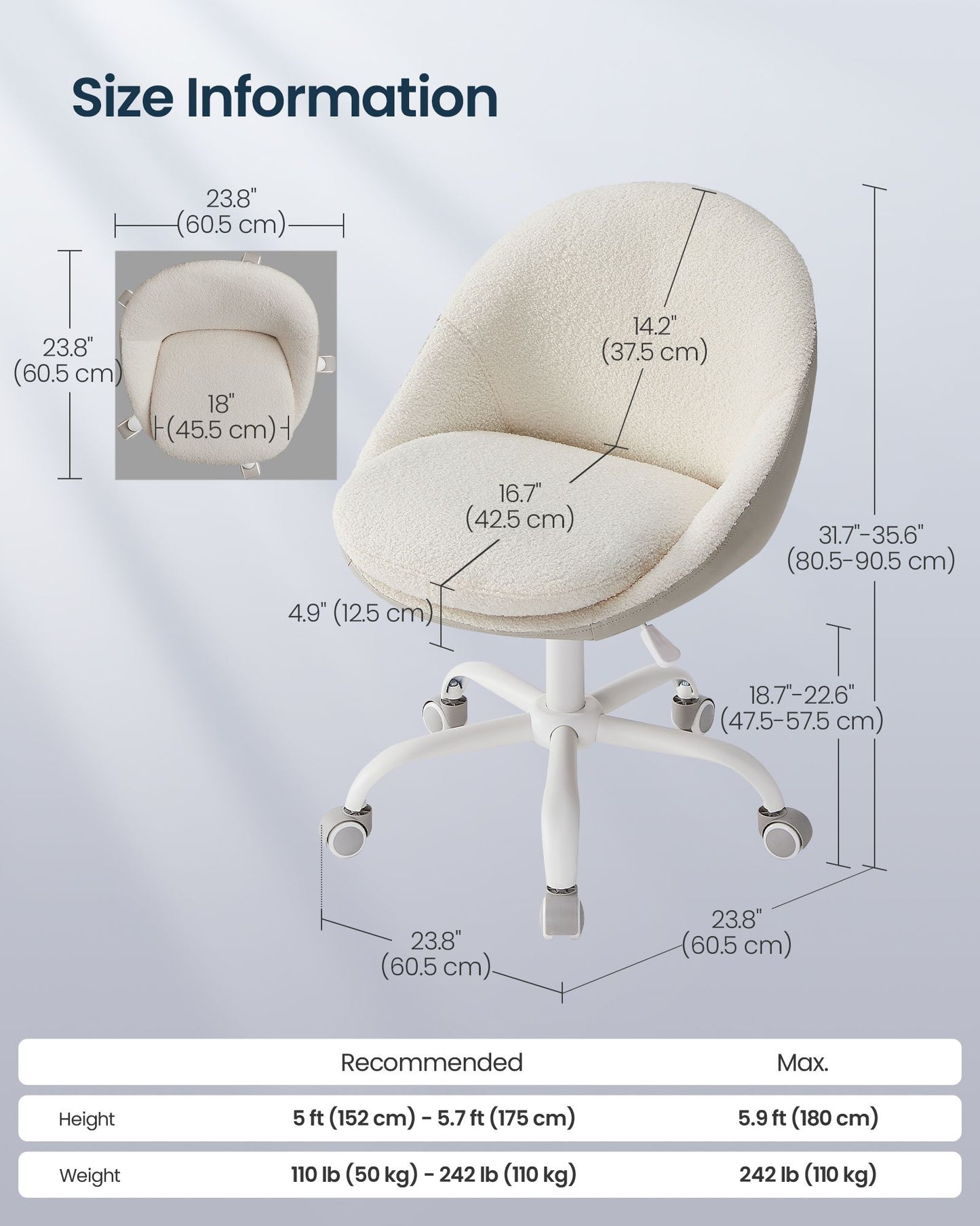 SONGMICS HOME Armless Vanity Chair, Adjustable Swivel – White and Beige