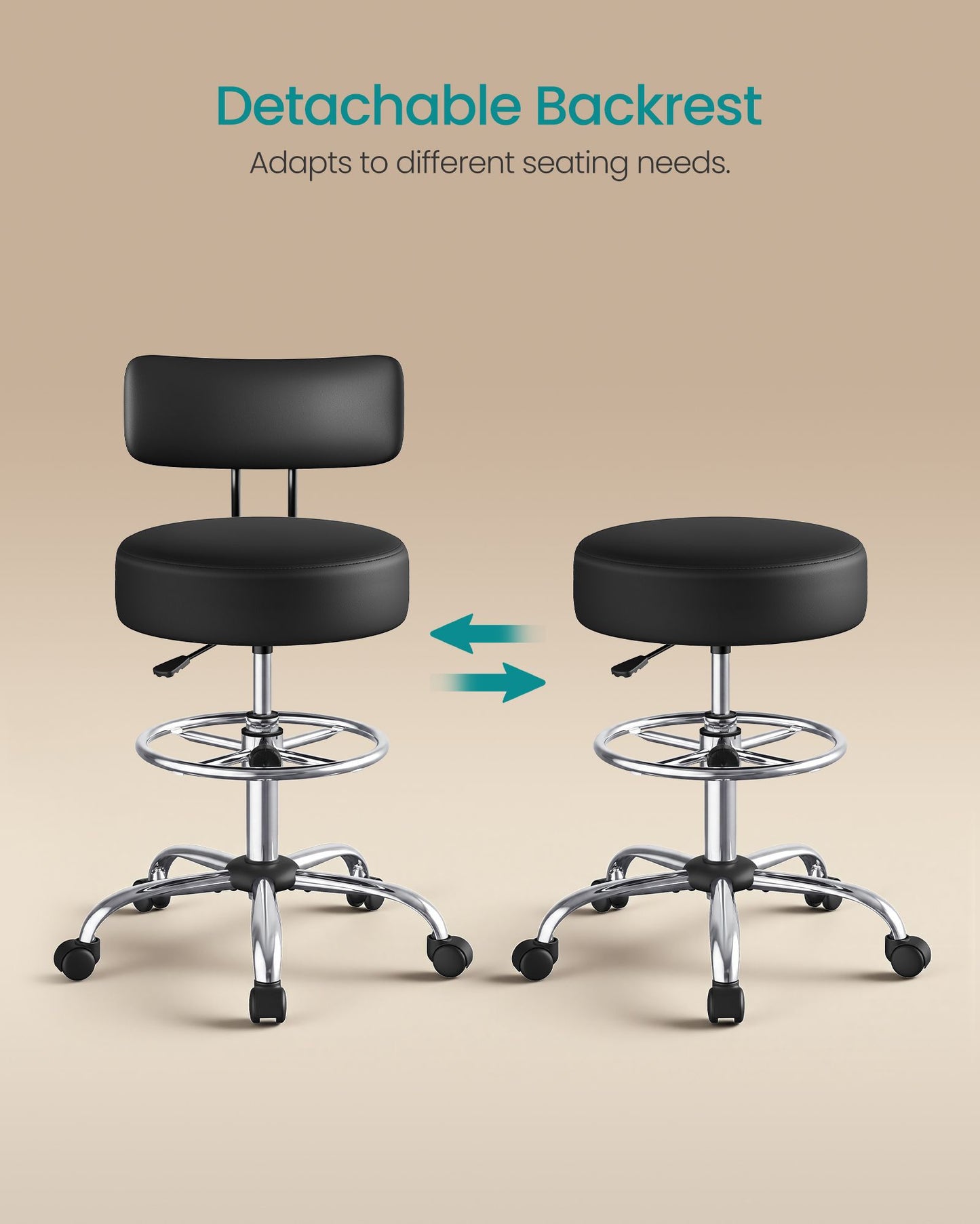 SONGMICS Drafting Chair with Backrest, Height Rolling Stool – Black