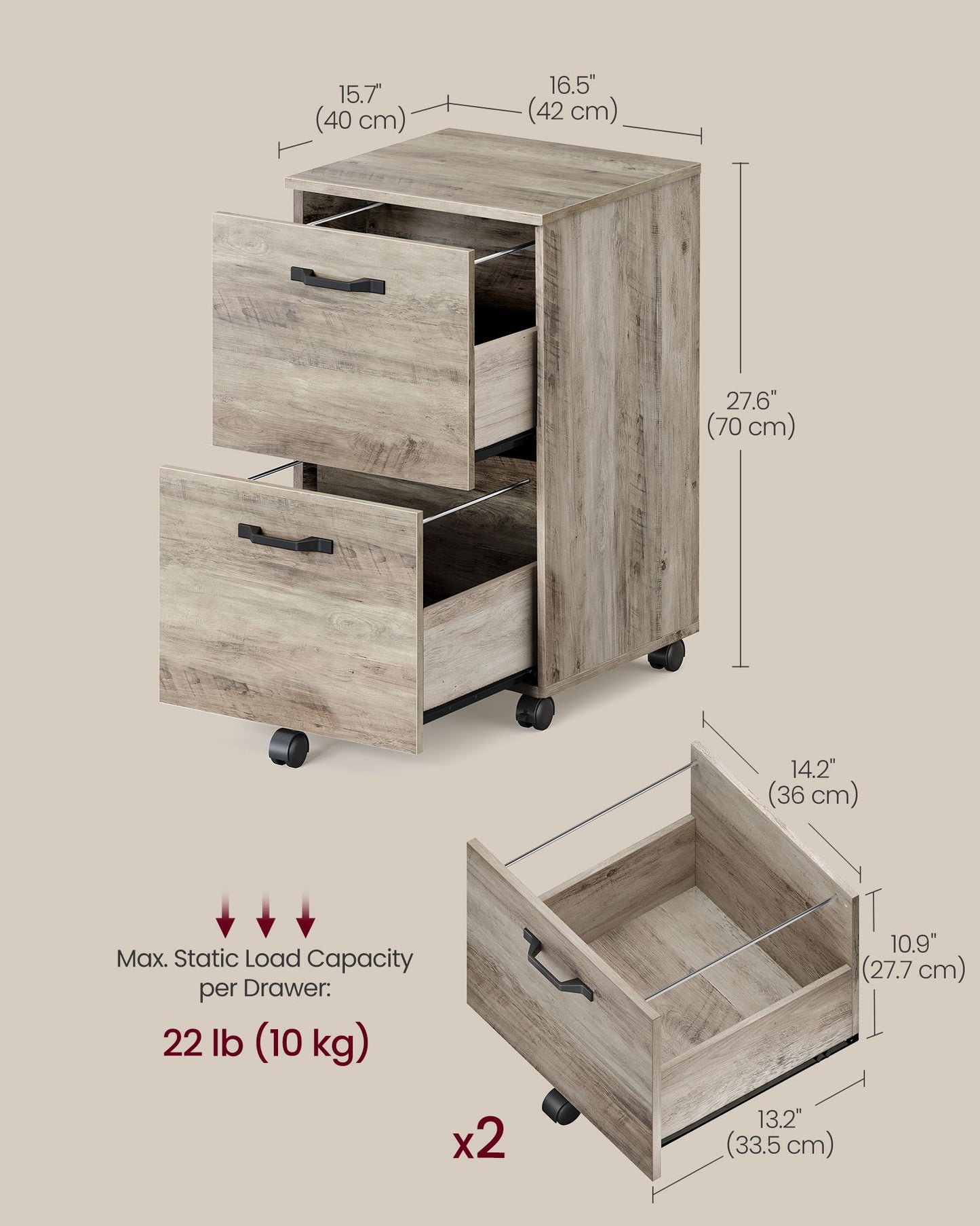 VASAGLE 2-Drawer File Cabinet, Small Rolling Filing Cabinet for Home Office, Heather Greige