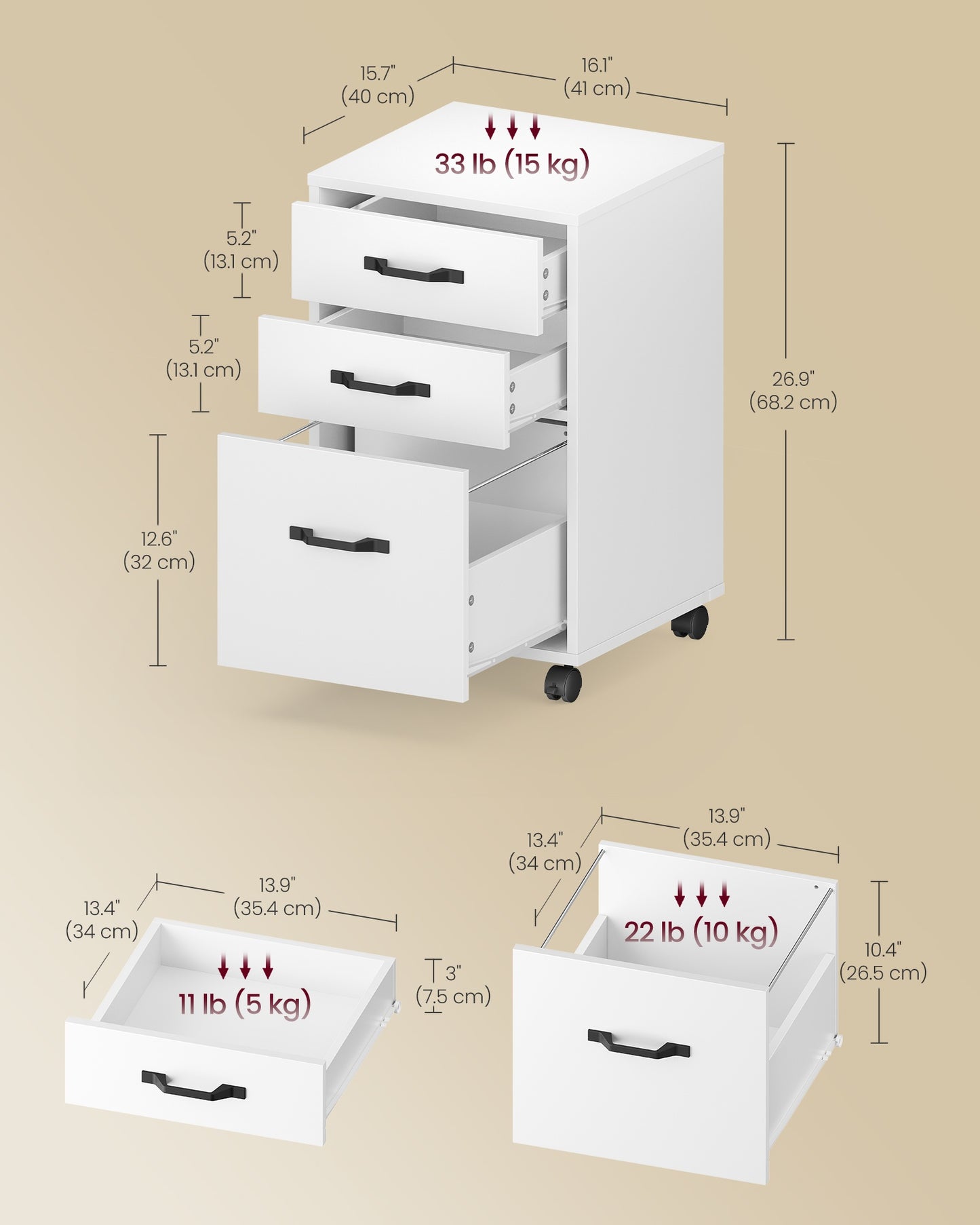 VASAGLE Mobile File Cabinet, 3 Drawers Filing Cabinet with Wheels, Cloud White