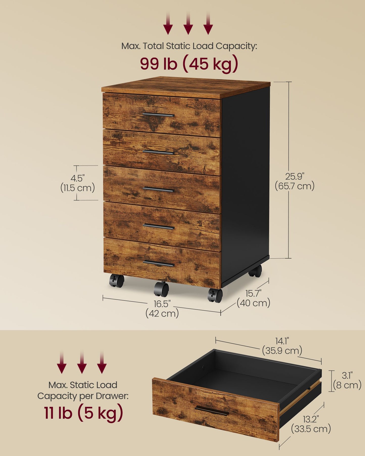 VASAGLE Custos File Cabinet, Mobile Pedestal Filing Cabinet with Wheels, Rustic Brown