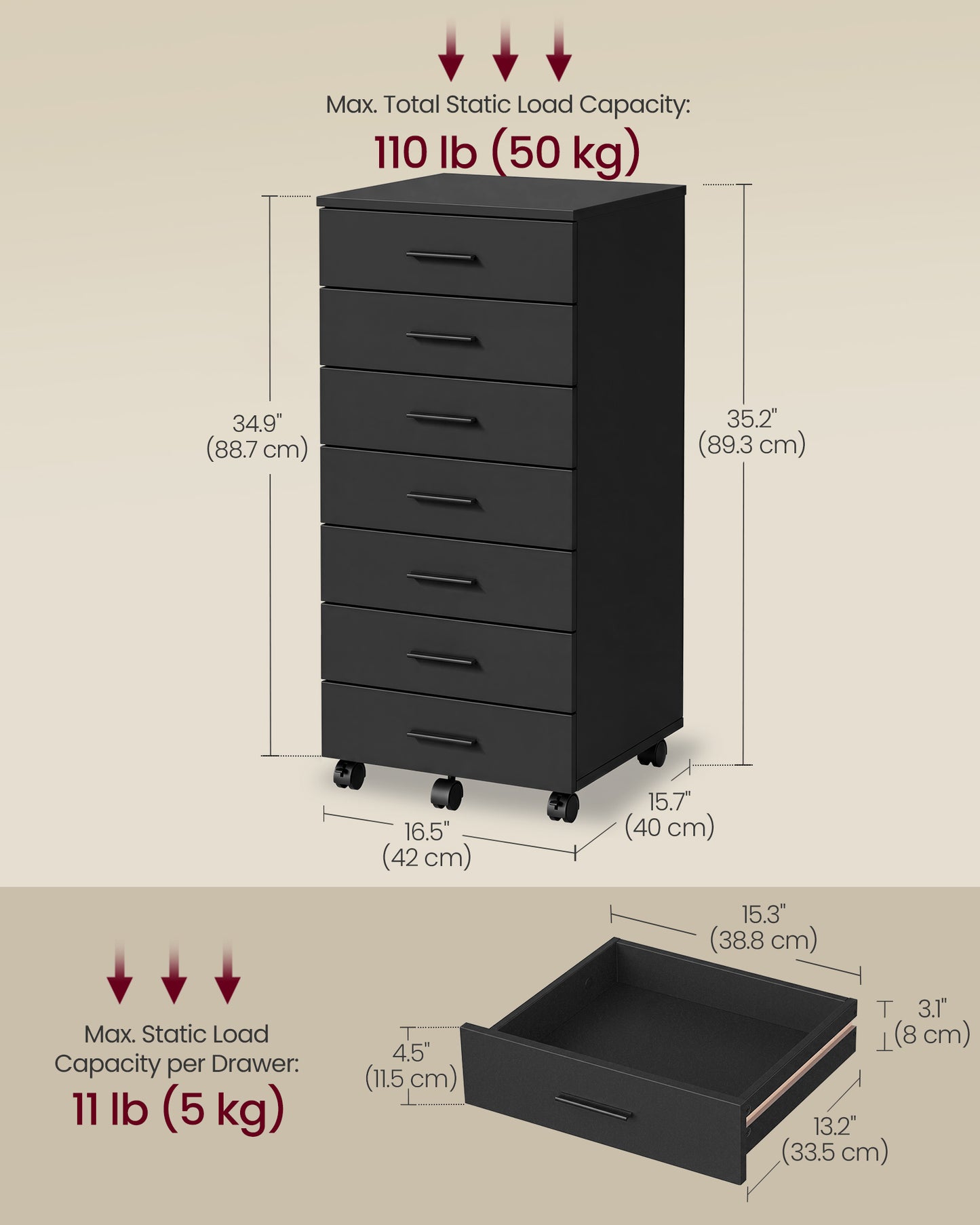 VASAGLE Black Rolling File Cabinet with Seven Drawers and Sliding Rails – Ink Black