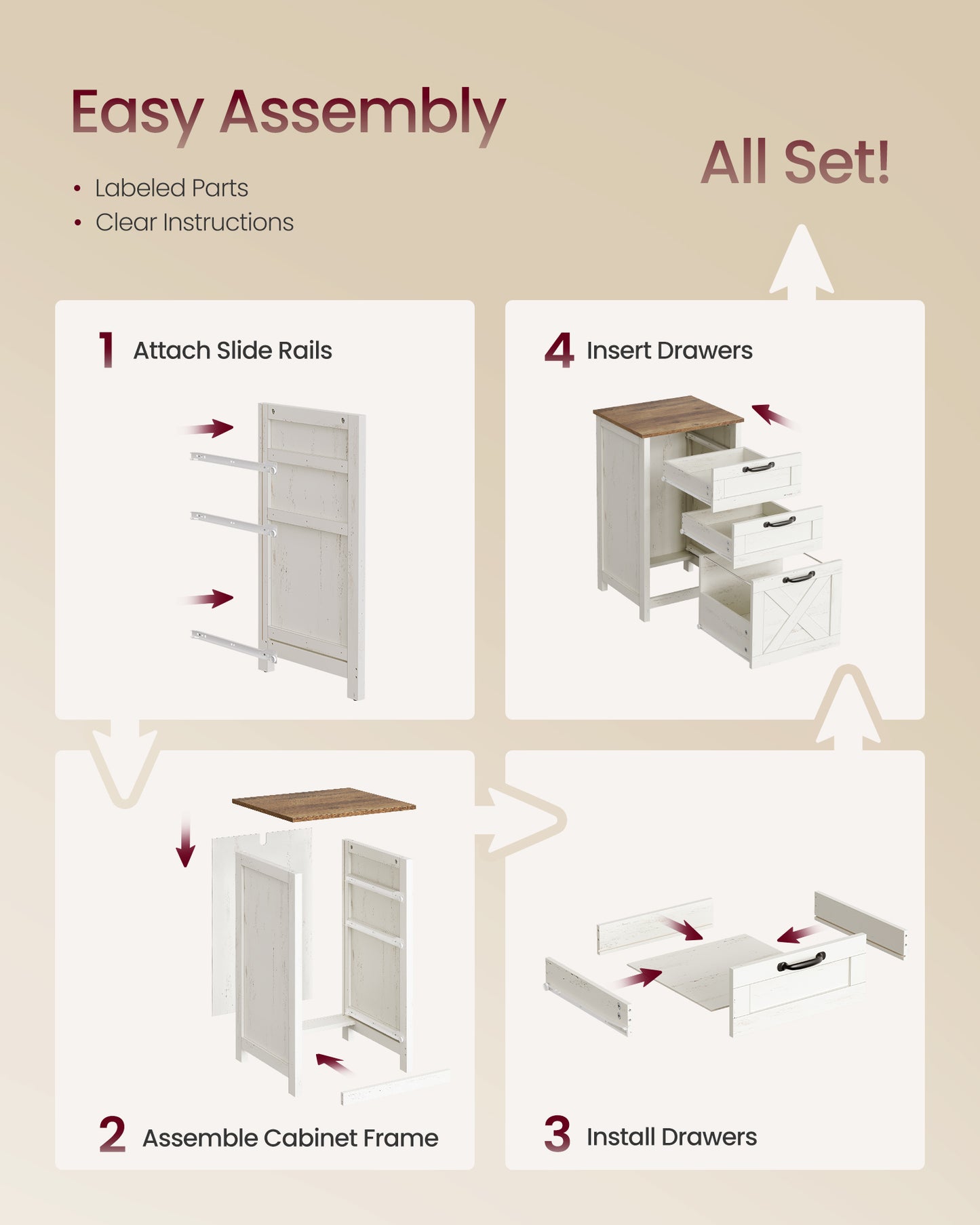 VASAGLE File Cabinet, 3-Drawer Filing Cabinet for Home Office Modern Farmhouse – Rustic White, Honey Brown
