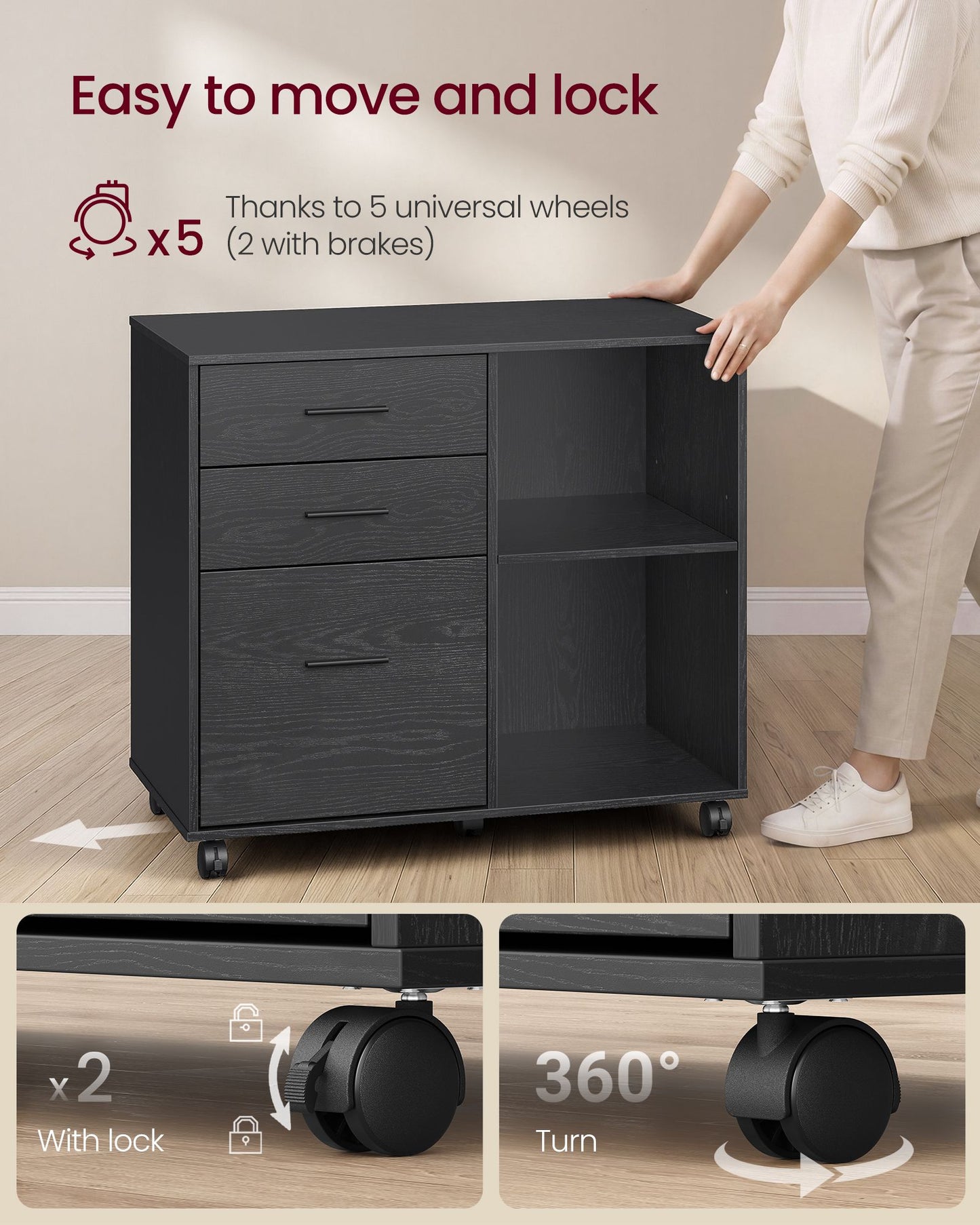 VASAGLE File Cabinet, 3 Drawers, Custos Collection – Ebony