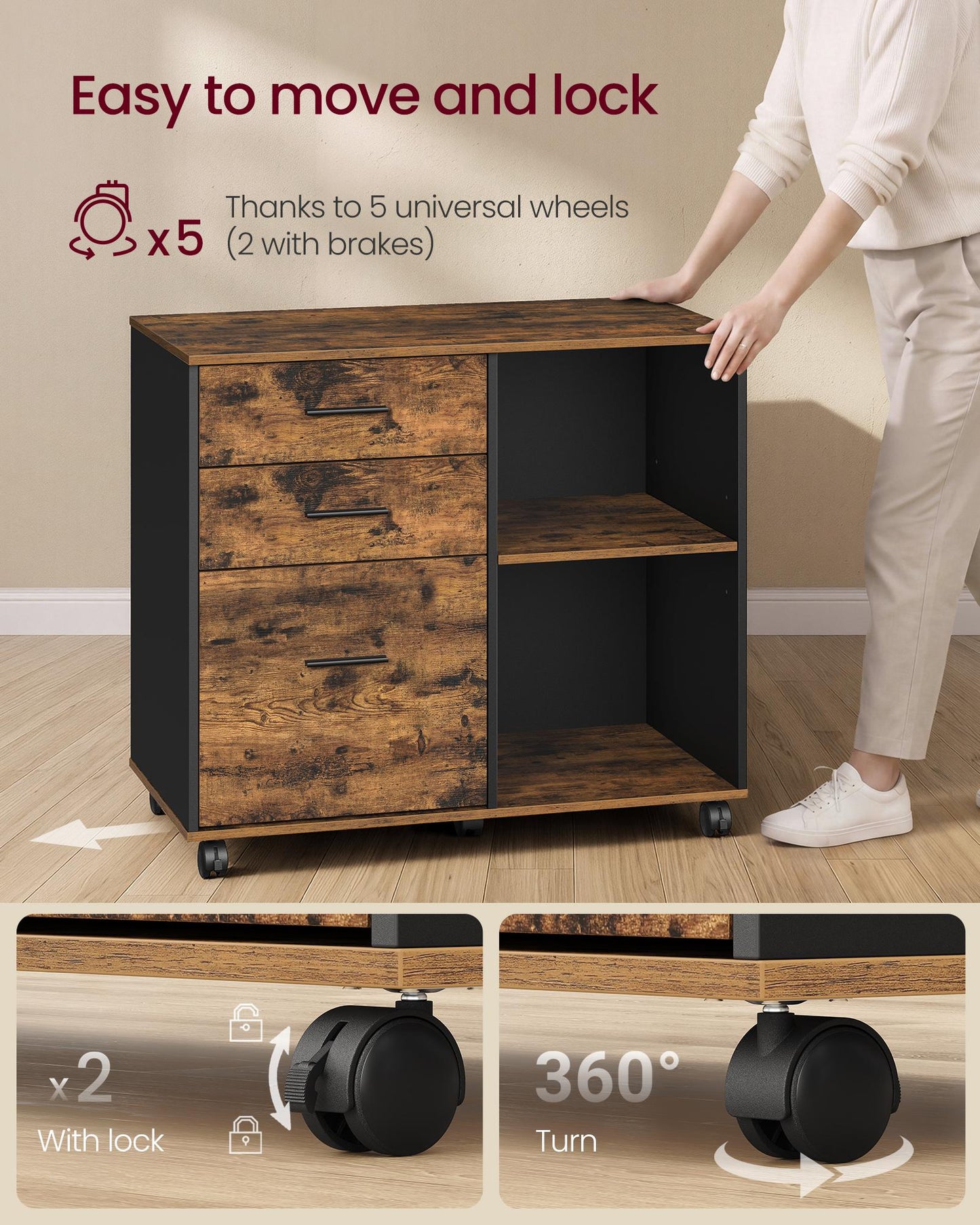 VASAGLE File Cabinet, 3 Drawers, Custos Collection – Rustic Brown and Ink Black