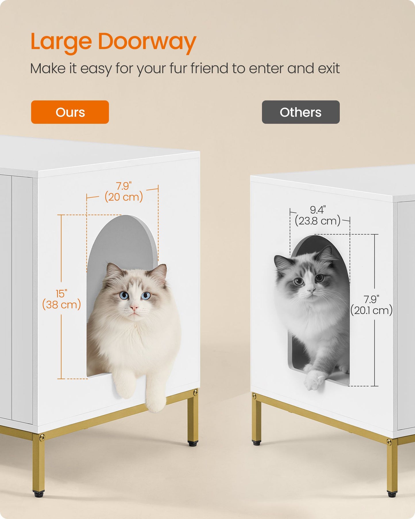 Feandrea Double Cat Litter Box Enclosure, Double Room, Modern Style Double Room, for 2 Cats – White, Gold