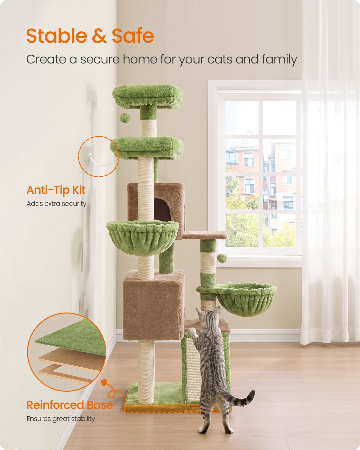 Feandrea Cat Tree, 68.5-in Tall Cat Tower, Multi-Level Condo, Green for Adult Cats Indoor