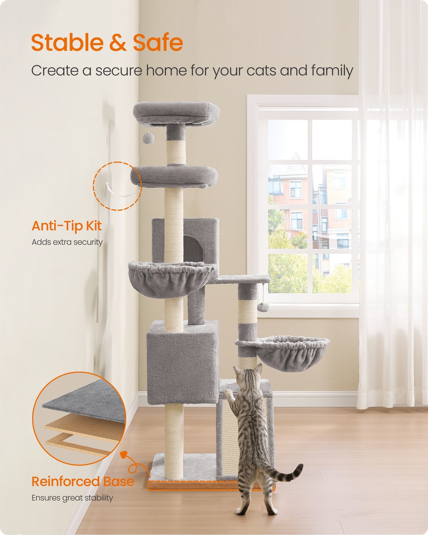 Feandrea Large Cat Tree Tower, 68.5-Inch Tall Cat Condo with Large Perch