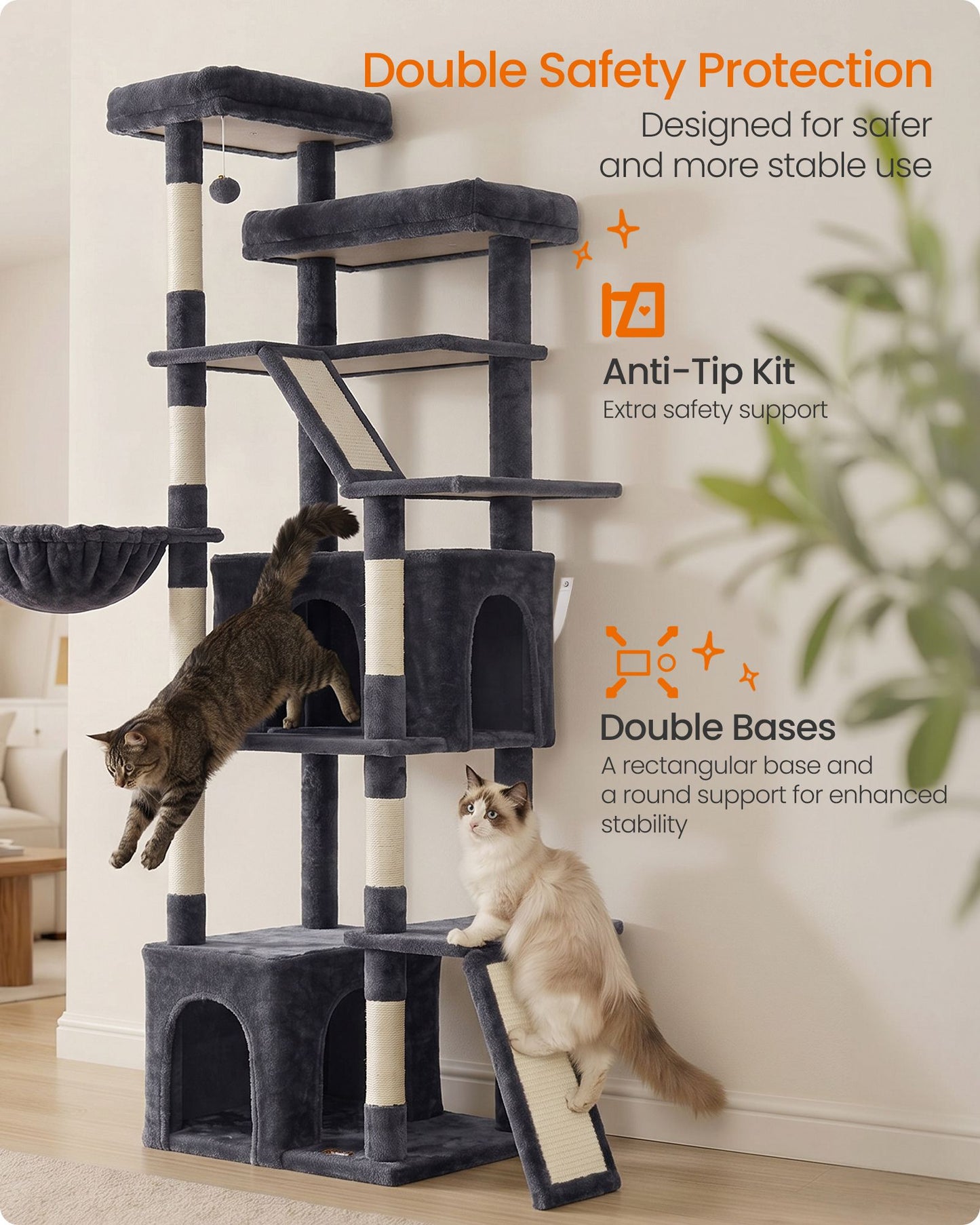 Feandrea 72.6-Inch Tall Cat Tree Tower for Indoor Extra Large Cats – Dark Gray
