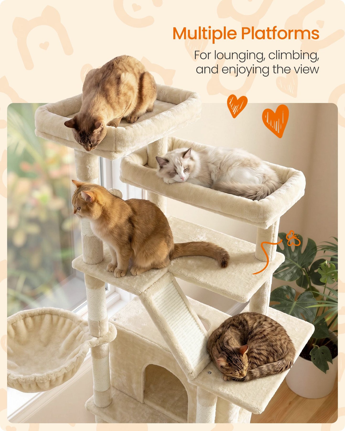 Feandrea 72.6-Inch Tall Cat Tree Tower for Indoor Extra Large Cats – Summer Sand
