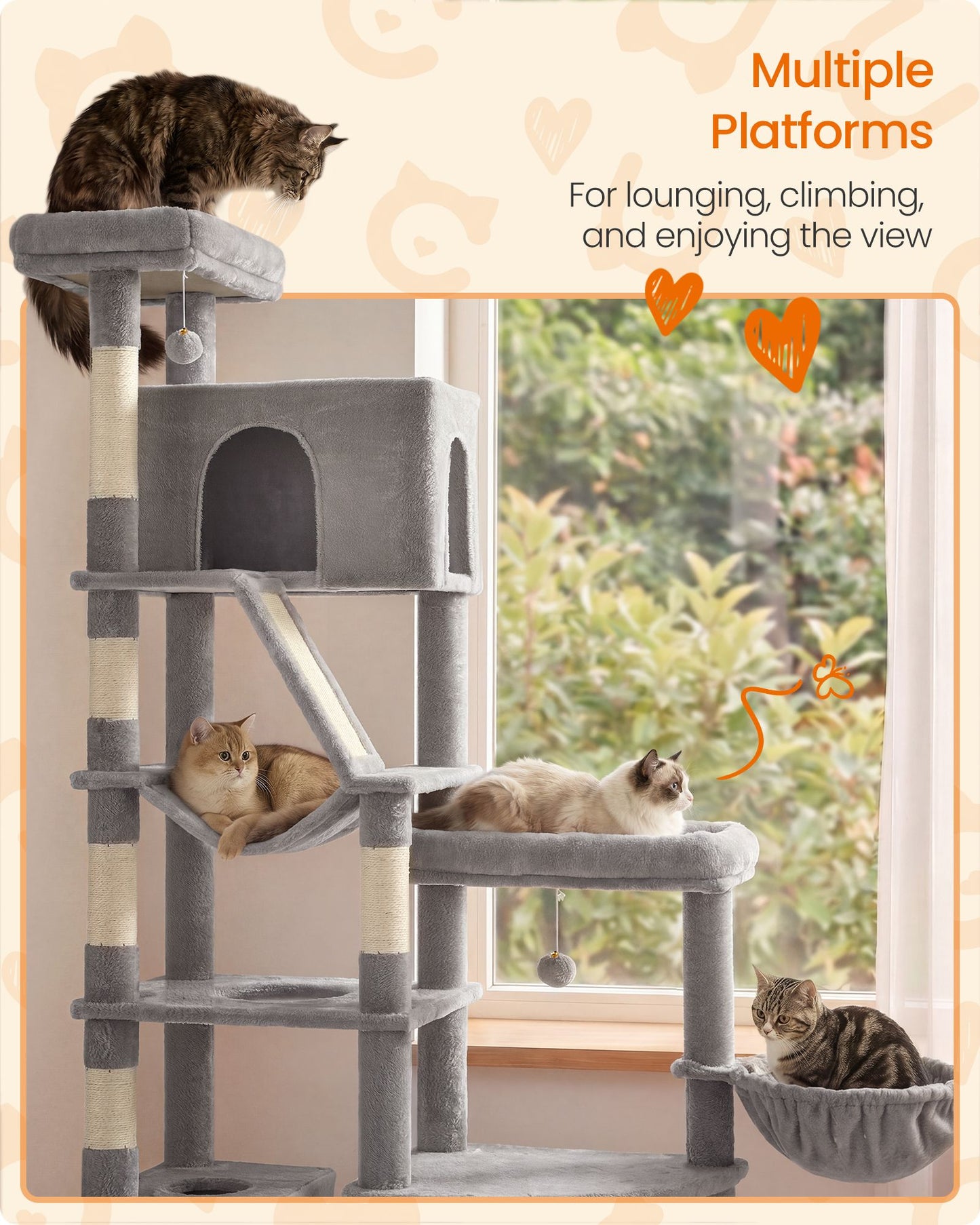 Feandrea 74.1-Inch Cat Tree Tower for Indoor Extra Large Cats – Dove Gray