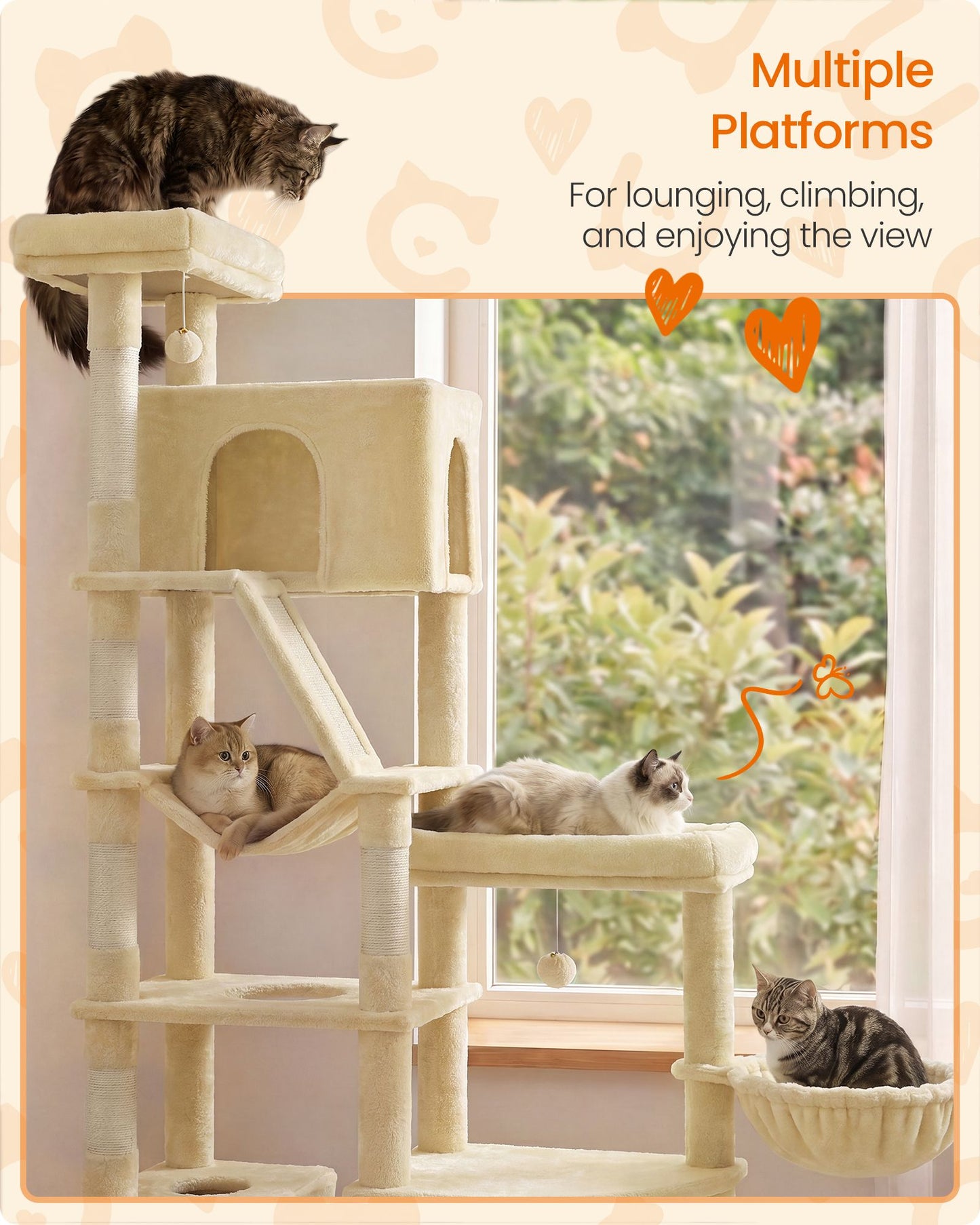 Feandrea 74.1-Inch Cat Tree Tower for Indoor Extra Large Cats – Summer Sand