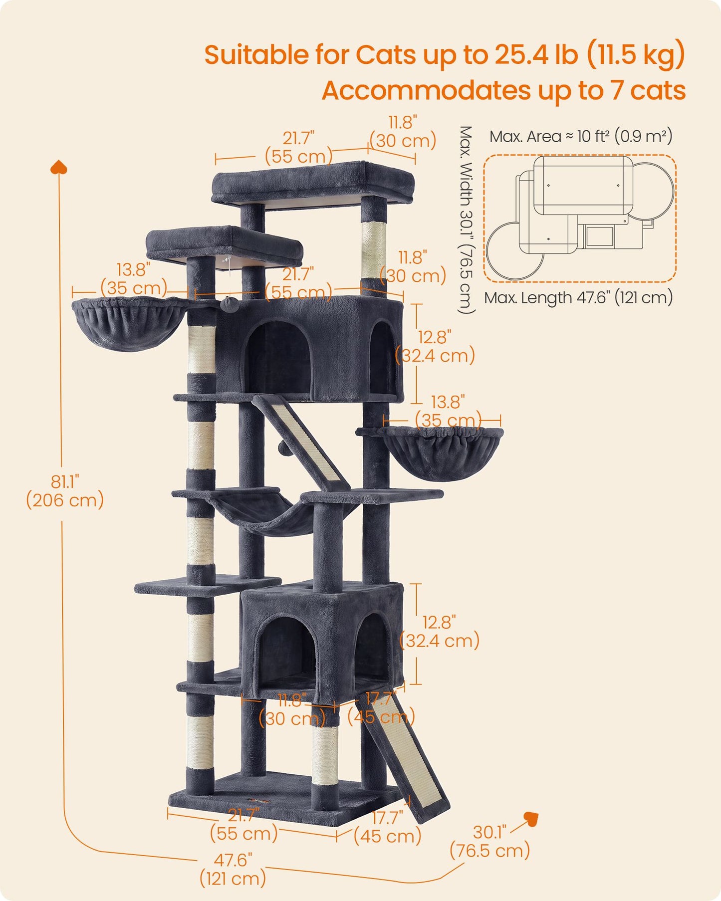 Feandrea Cat Tree with Sisal Scratching Posts – Dark Gray