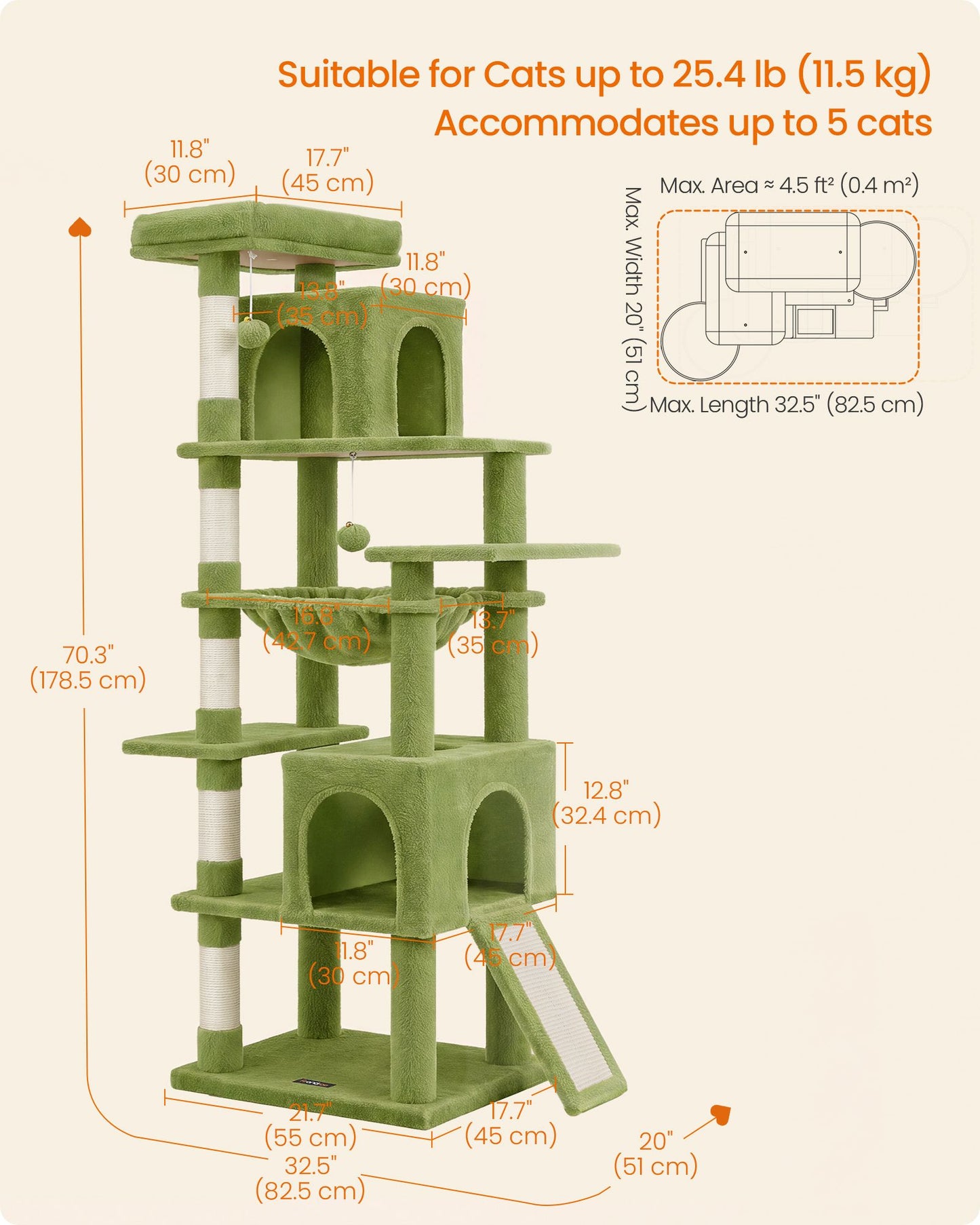 Feandrea Cat Tree, 70.3" Heavy Duty Cat Tower Condo for Indoors – Moss Green