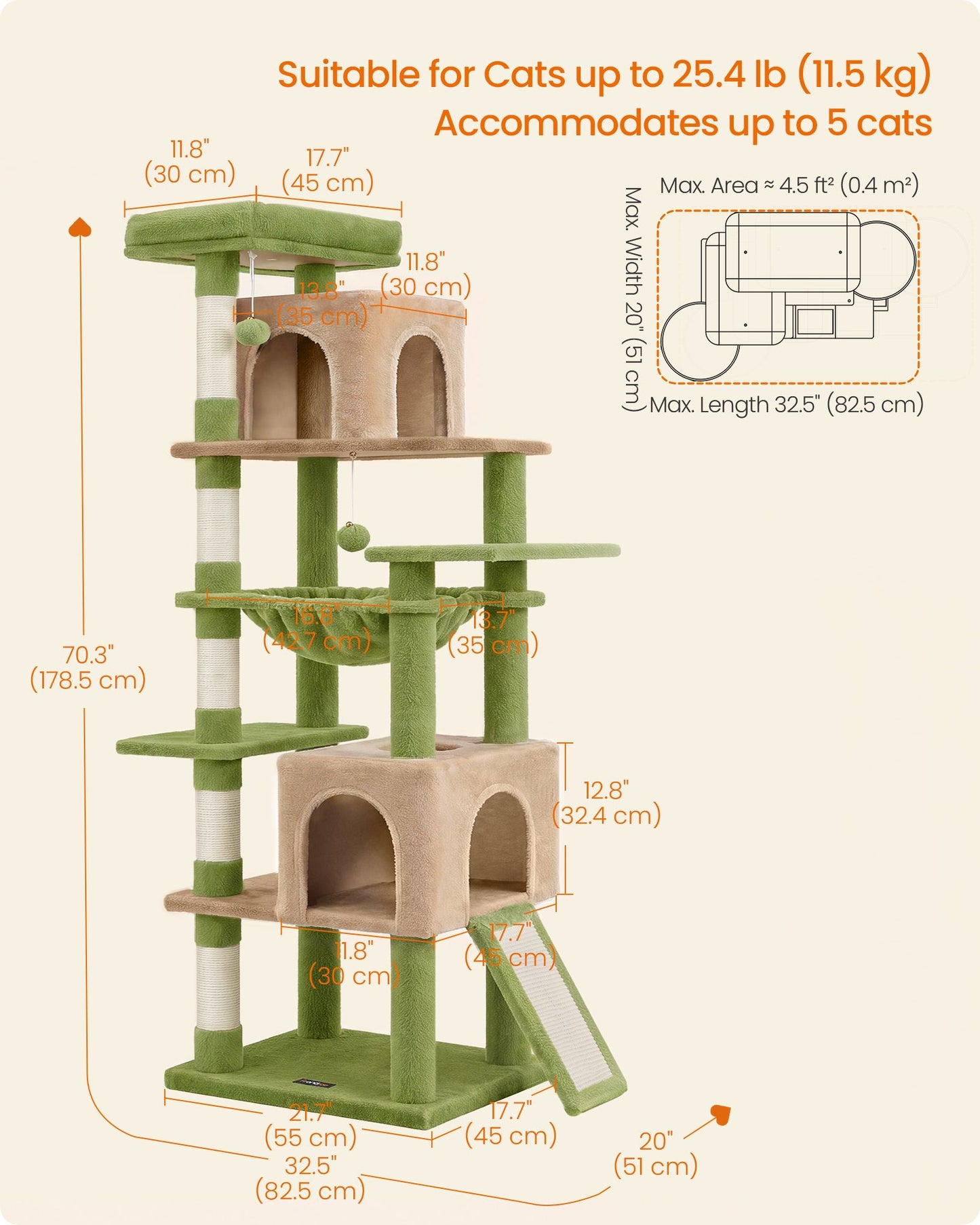 Feandrea Cat Tree, 70.3" Cat Tower Condo for Indoors, Moss Green and Tan Cat Trees for Large Adult