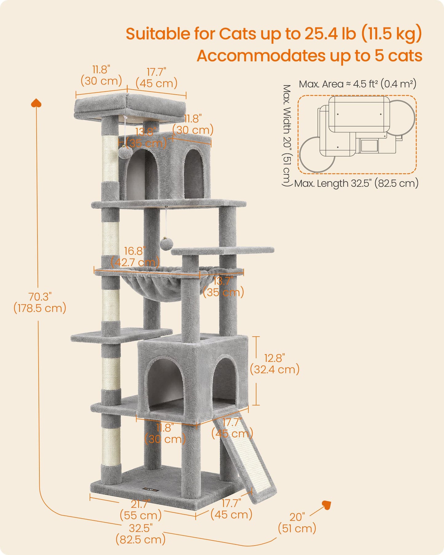 Feandrea Cat Tree, 70.3" Heavy Duty Cat Tower Condo for Indoors – Dove Gray