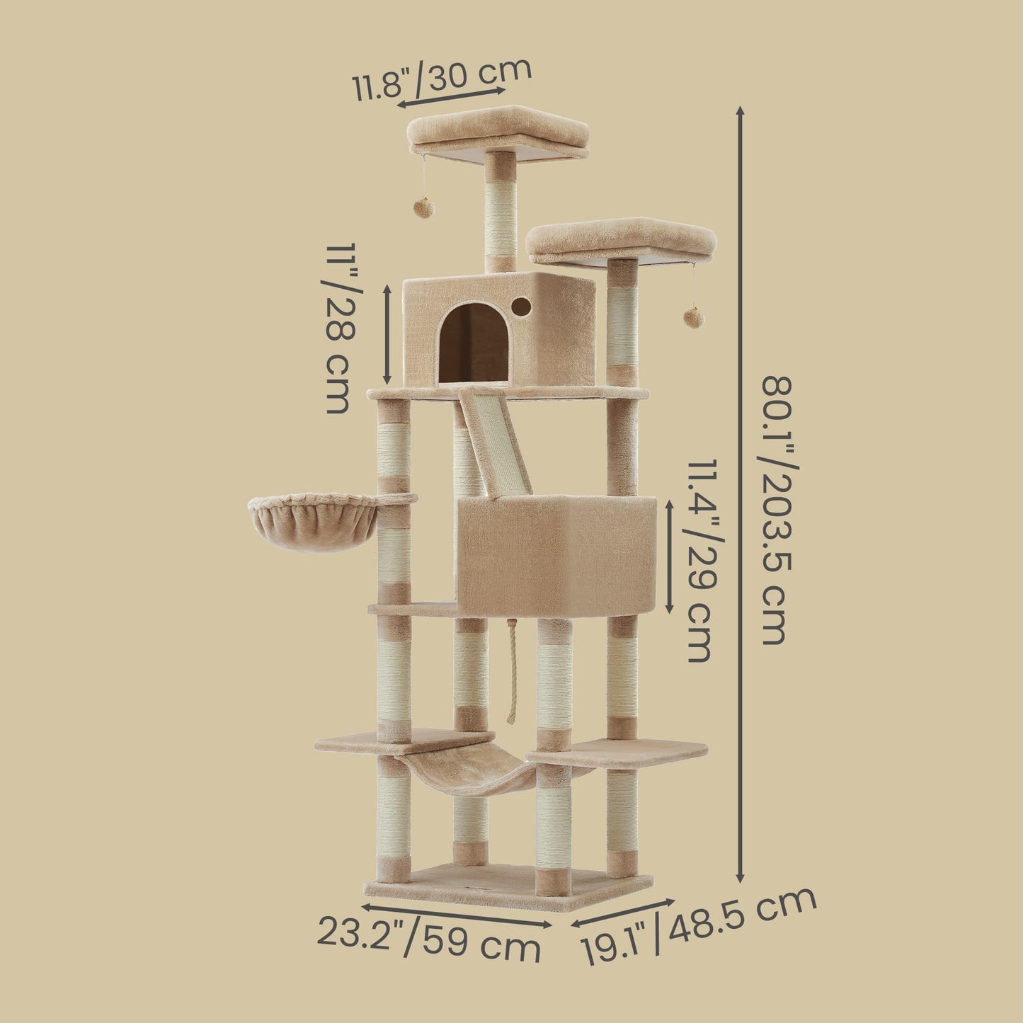 Feandrea Large Cat Tree with Scratching Posts Hammock and Perches for Indoor Cats – Camel Brown