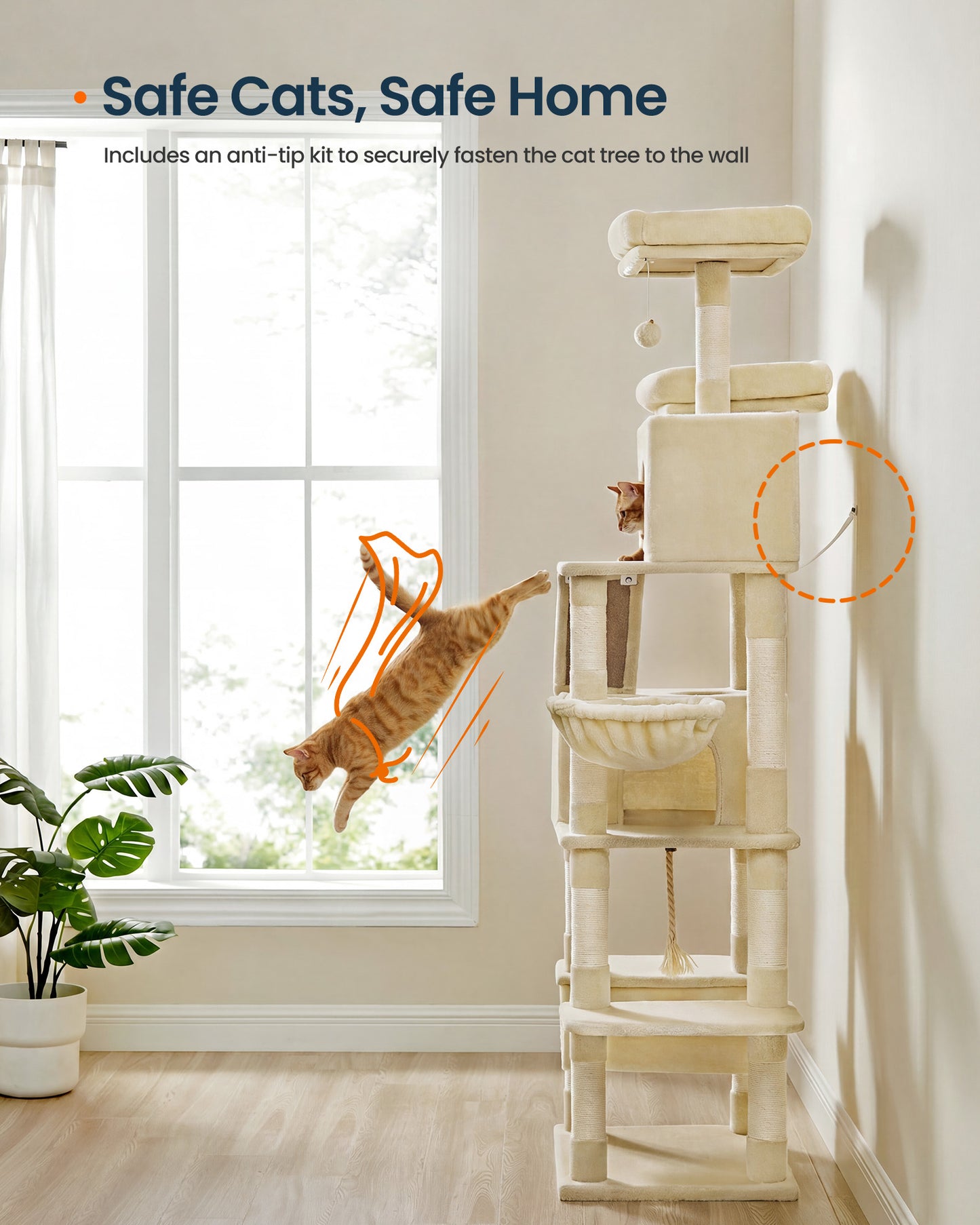 SONGMICS HOME Tall Cat Tree Tower with Sisal Scratching Posts – Beige