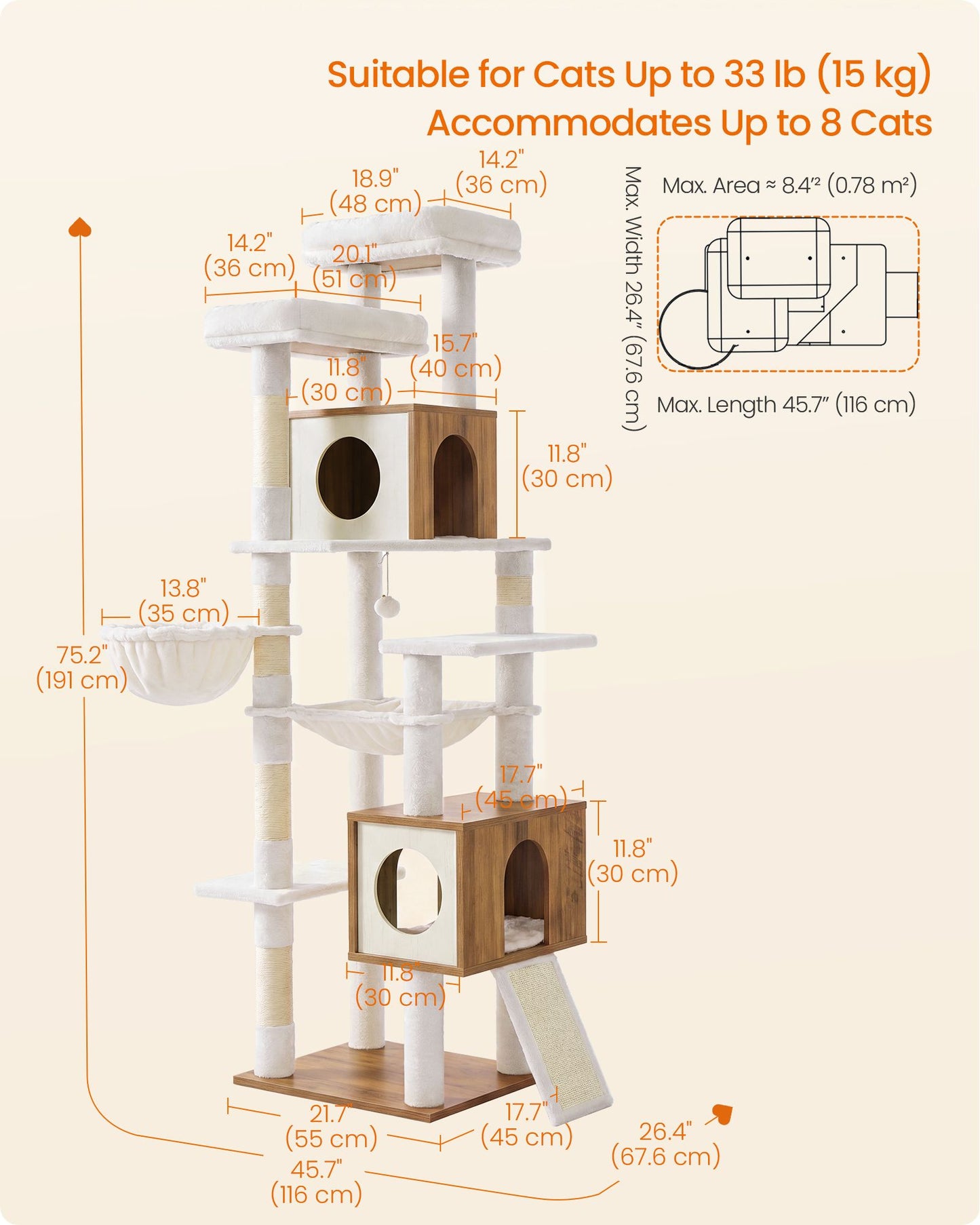 Feandrea Tall Cat Tree, 8-Tier Wood Tower with 2 Condos, Scratching Post Cat Houses – Honey Brown and Rustic White