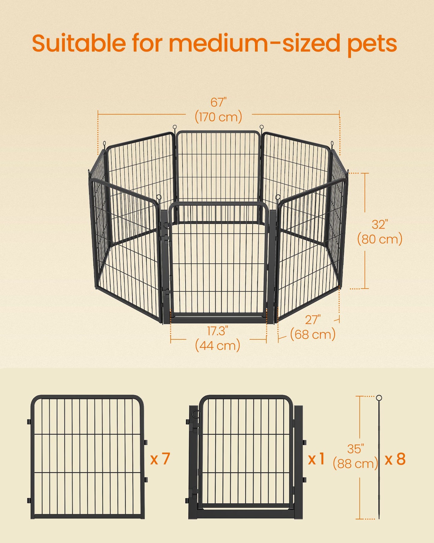 Feandrea 8-Panel Dog Playpen, 67 X 67 X 32 Inch, Matte Black Rust-Resistant Metal Structure