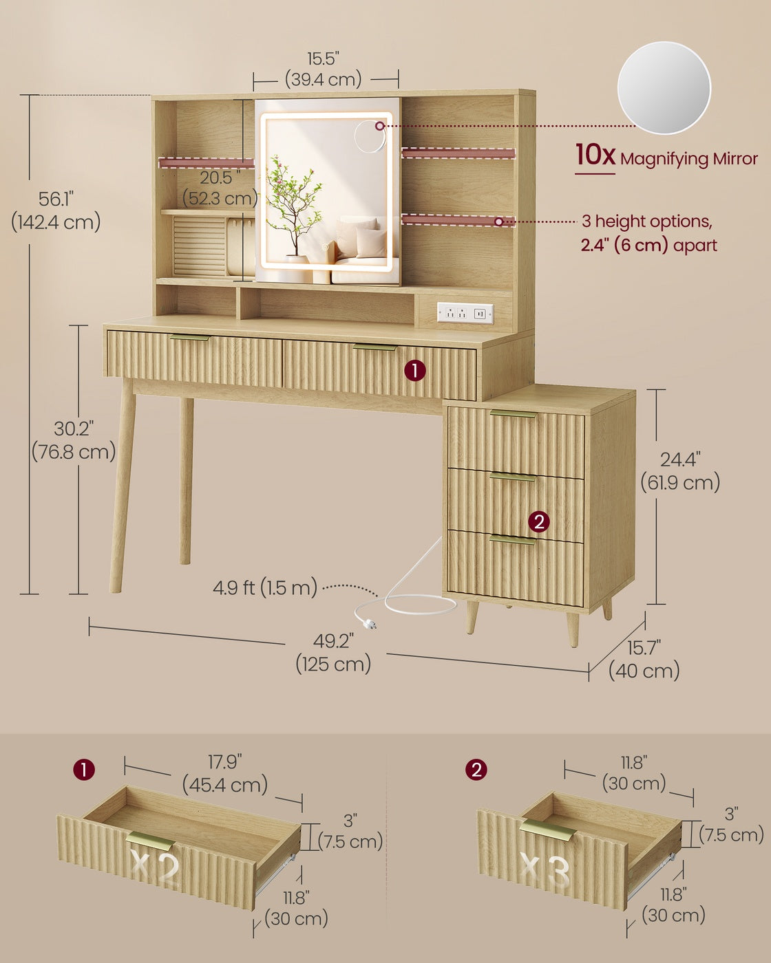 VASAGLE Maxe Vanity Desk with Sliding Mirror and Lights – Oak Beige
