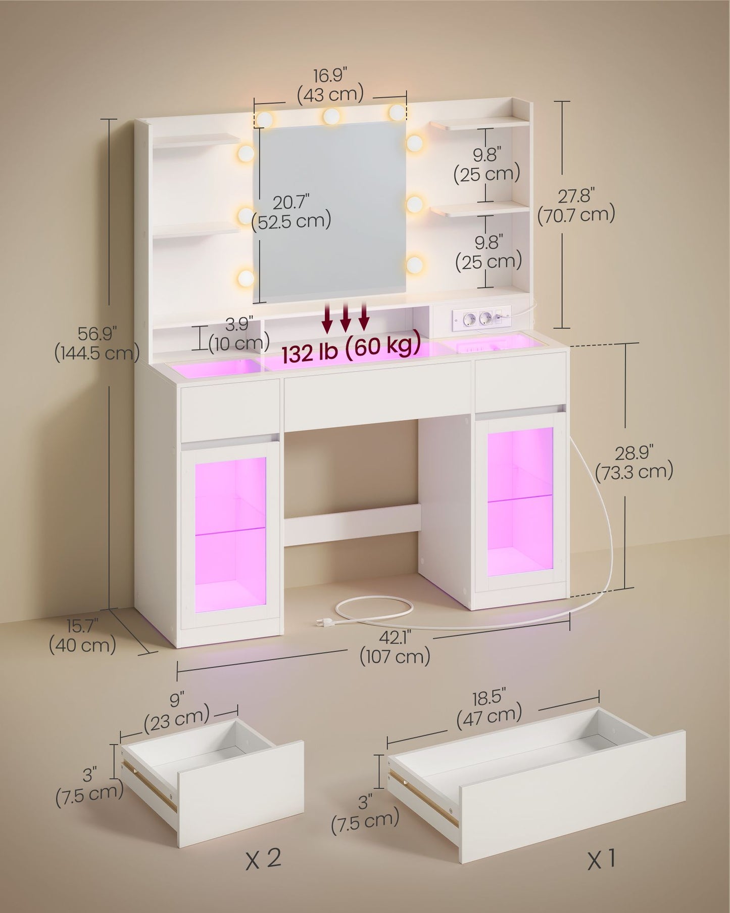 VASAGLE Cloud White Vanity Desk with Rgb Lights Power Outlets and Mirror