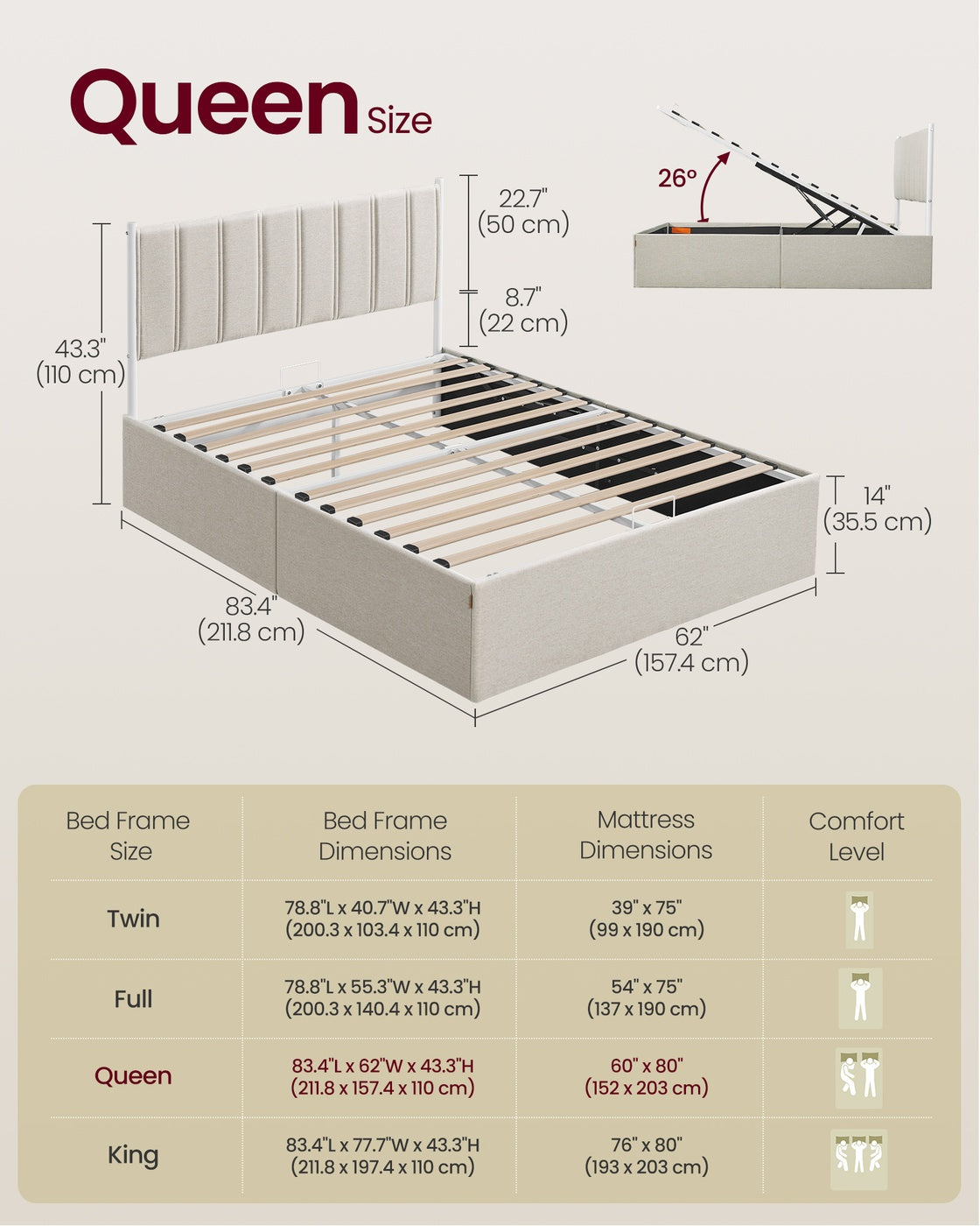 VASAGLE Lift Up Storage Bed Frame Queen Size – Cappuccino Beige