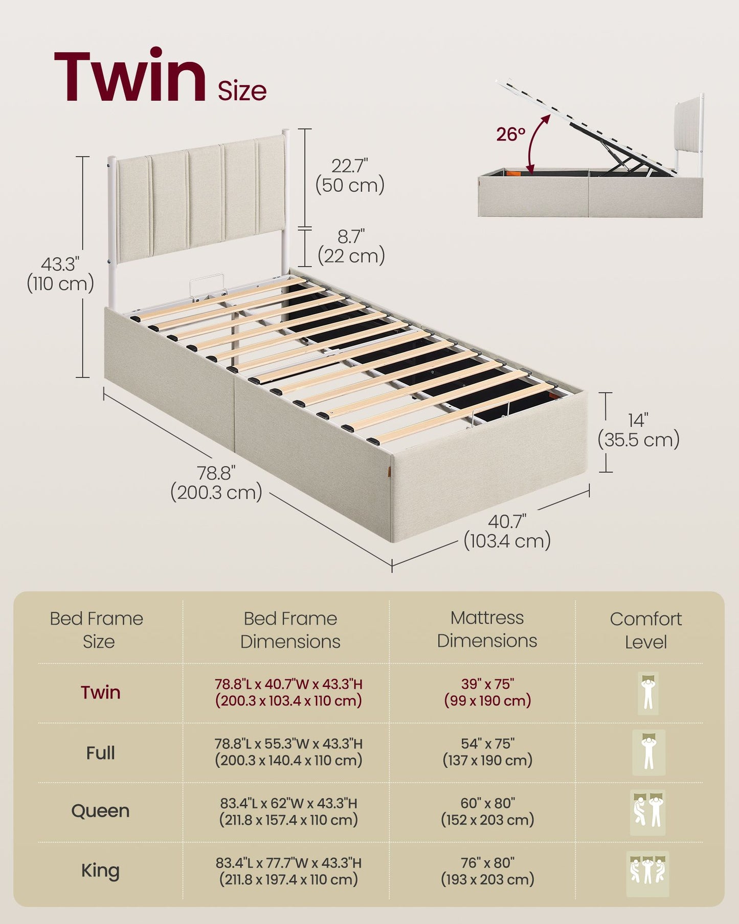 VASAGLE Lift Up Storage Bed Frame Twin Size, Hydraulic Platform Bed