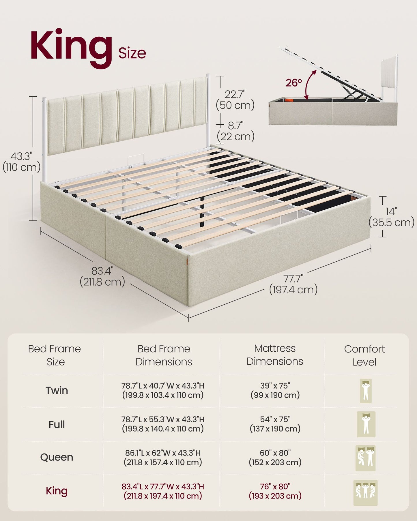 VASAGLE Lift Up Storage Bed Frame King Size – Cappuccino Beige