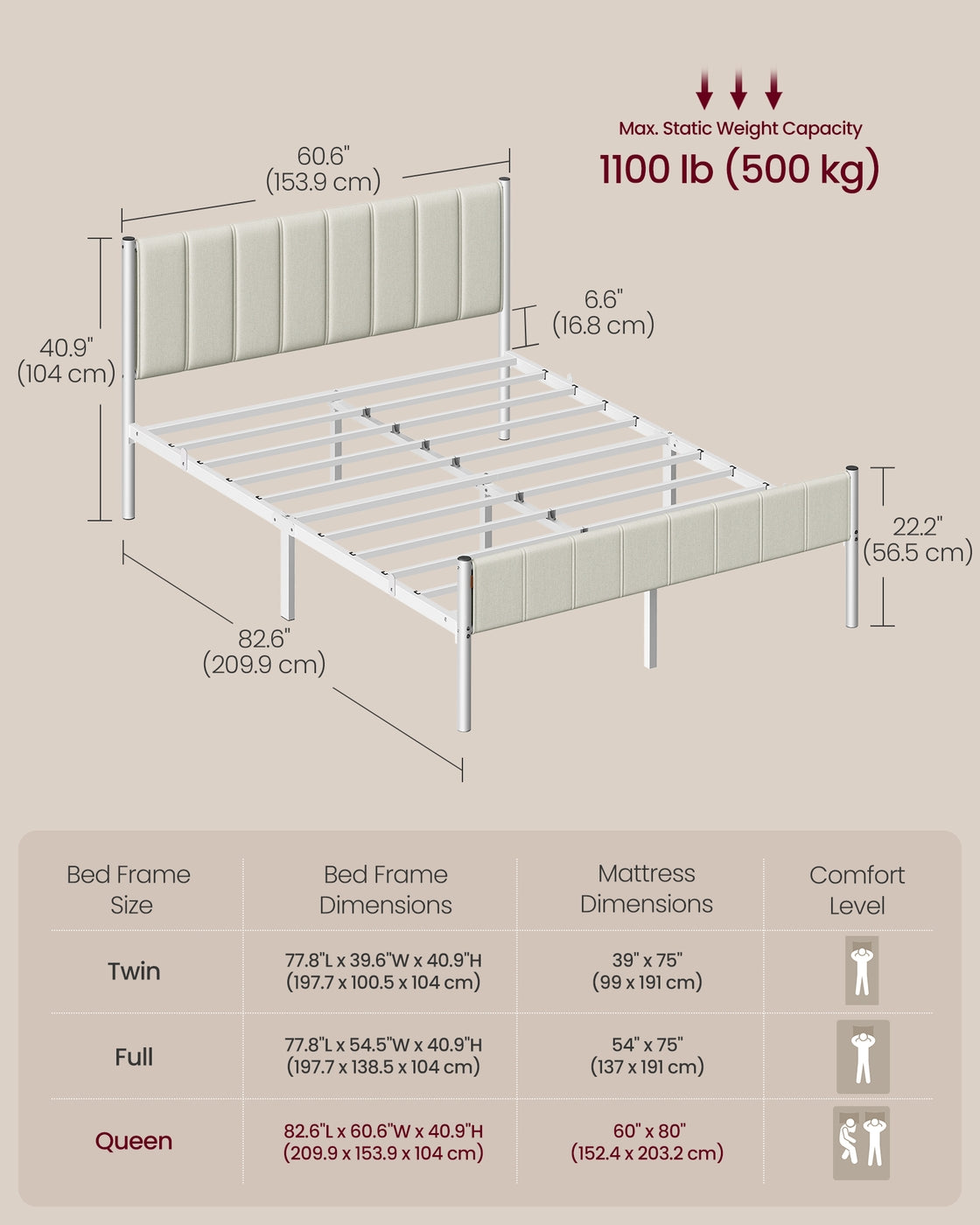 VASAGLE Queen Bed Frame, Dove Gray, Upholstered Headboard, Sturdy Steel, No Box Spring Needed – Cappuccino Beige