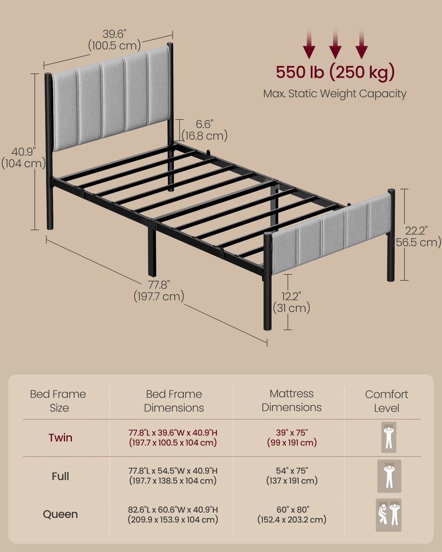 VASAGLE Twin Bed Frame with Upholstered Headboard – Dove Gray